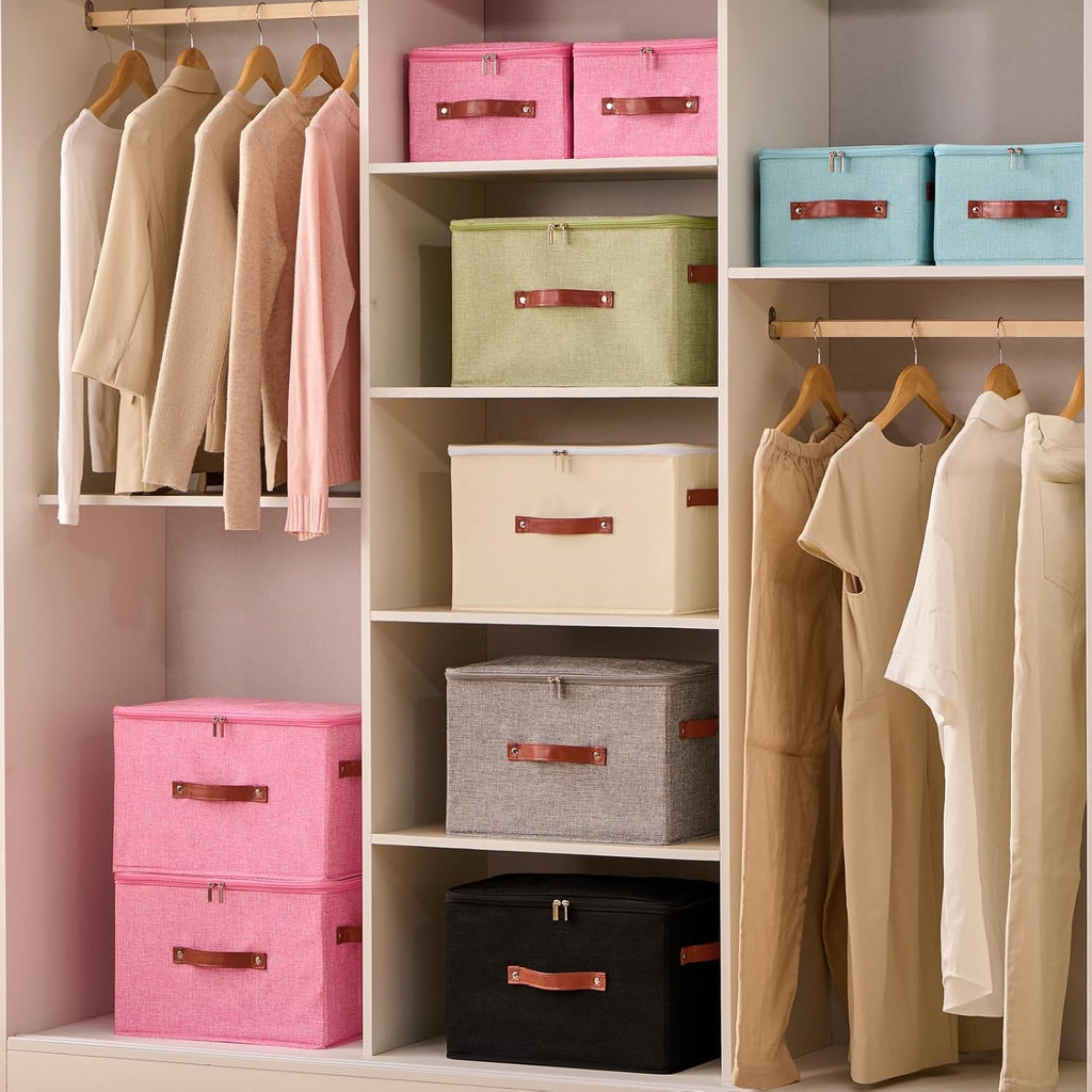 Storage Bin Box with Zippered Lid Cotton Linen Fabric Decorative Basket with PU Leather Handles PP Plastic Board Foldable Lidded Clothing Shelf Closet Organizer Container (Pink, Small)