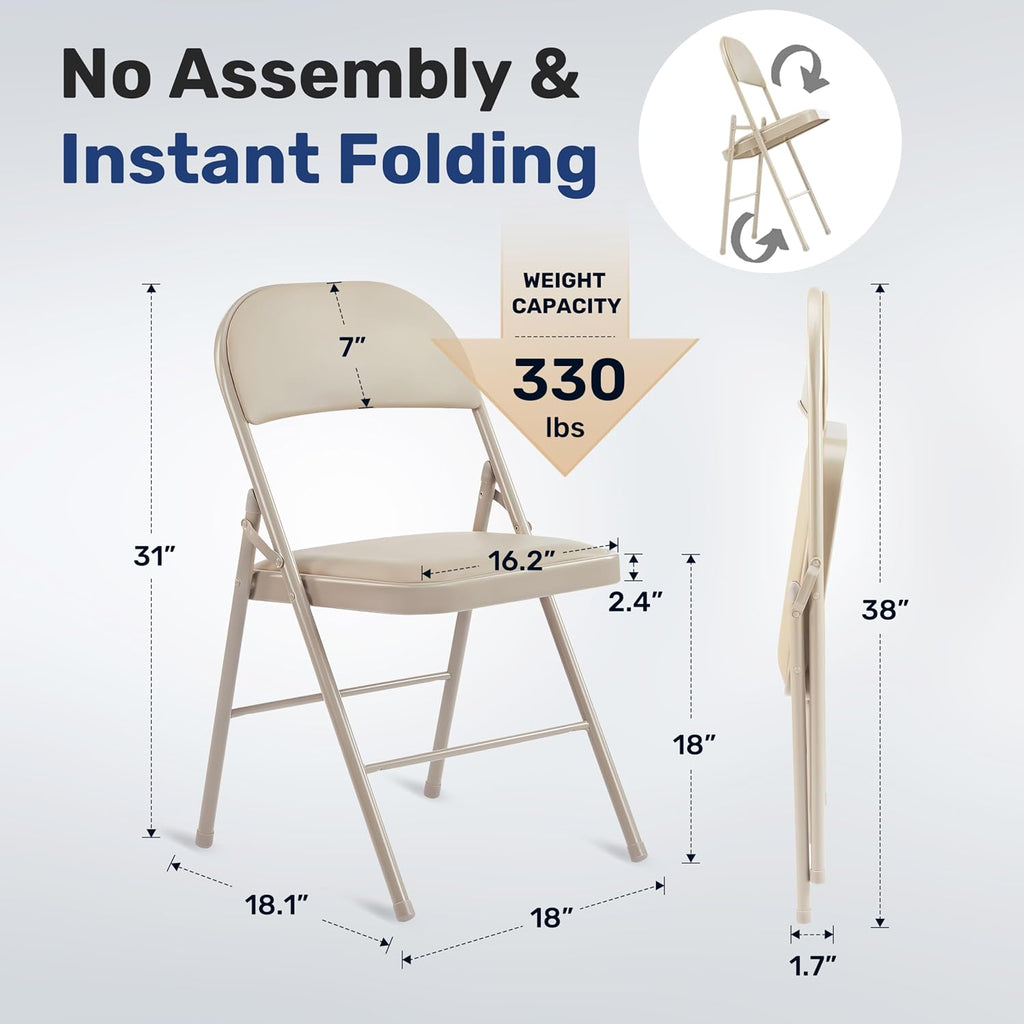 HealSmart 2 Pack Folding Chairs with Leather Padded Cushion Seats & Durable Metal Frame, Comfortable, Foldable, Portable, Commercial Event Seat, Indoor Outdoor for Home, Parties, Office, Kahki