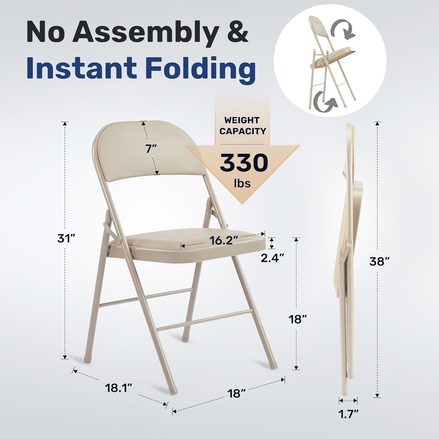 Simple Deluxe Dining Chairs Set of 2, Leather Cushion Foldable Contemporary Kitchen Side Chair with Padded Back & Sturdy Metal Legs, Upholstered Seat for Home/Living Room/Bedroom/Cafe, Tan