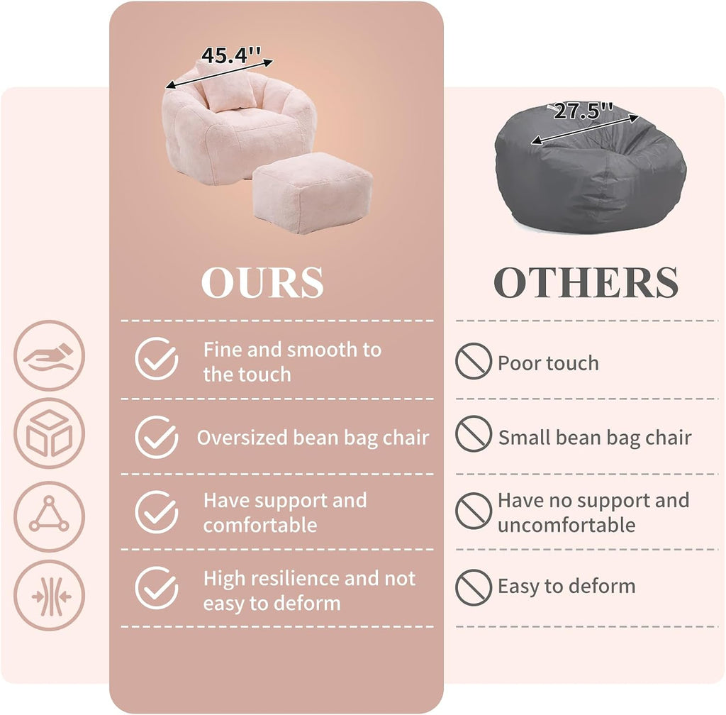 Bean Bag Chair for Adults, Faux Fur Upholstered Beanbag Chair with Shell-Shaped Design, Comfy Bean Bag Sofa with Pillow and Footstool, Floor Sofa Chair for Bedroom (Pink)
