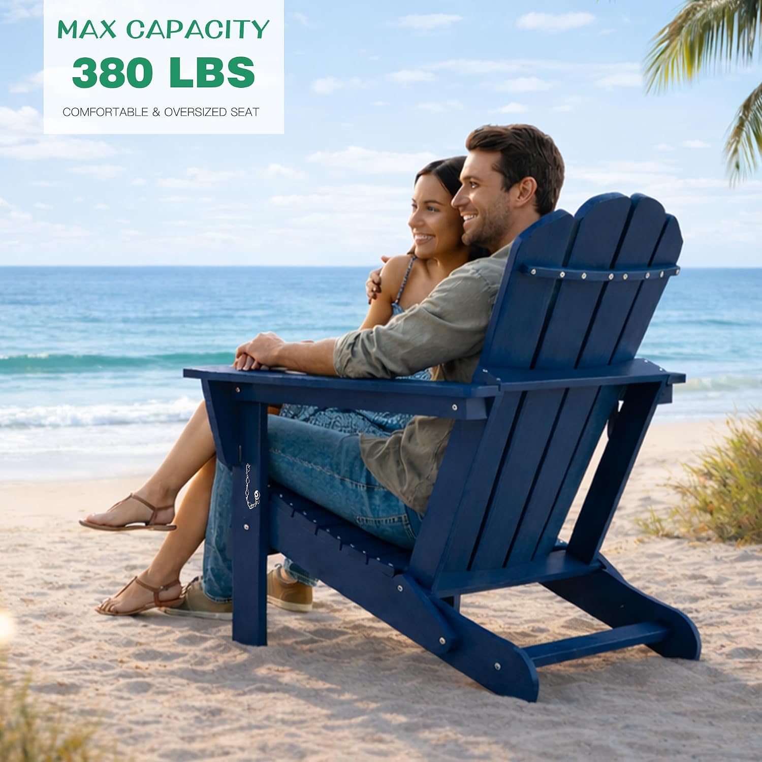 Domi Folding Adirondack Chair Set of 2, HDPE All-Weather Adirondack Chairs with Cup Holder, Outdoor Plastic Fire Pit Chairs Wood Texture for Poolside, Patio, Backyard, Deck (Blue)