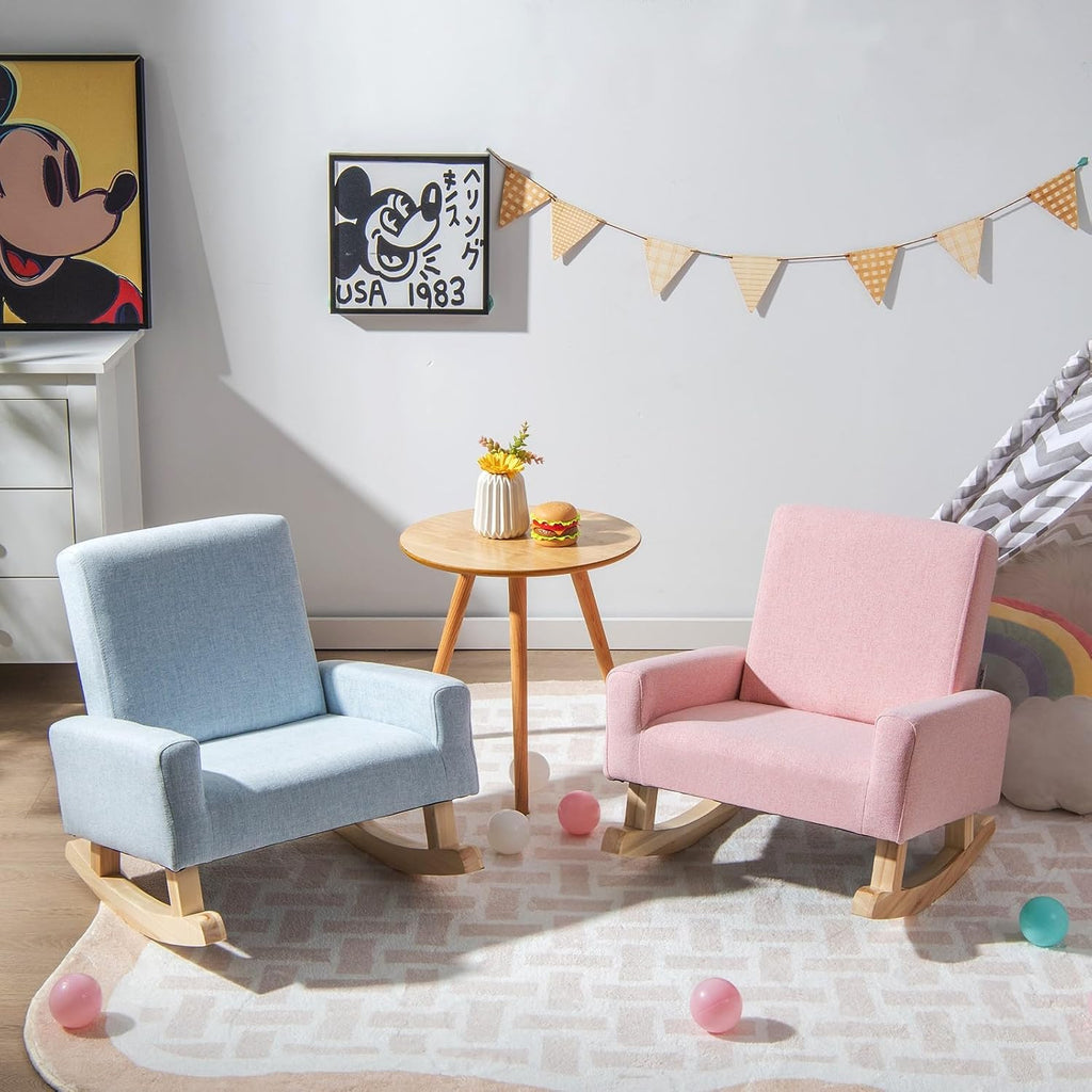 MAT EXPERT Kids Sofa, Upholstered Toddler Rocking Chair w/Solid Wood Base, Linen Fabric & Anti-Tip Device, Comfy Children Furniture, Armchair for Nursery Playroom Preschool, Boys & Girls Gift (Pink)