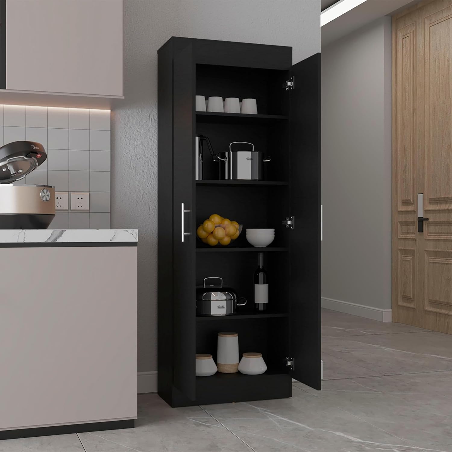 23.6" D*11.9" W*66.8" H Freestanding Kitchen Pantry with 4 Shelves, Double Door, Rectangular Wood Storage Cabinet, Traditional, for Living Room, Dining Room, Black