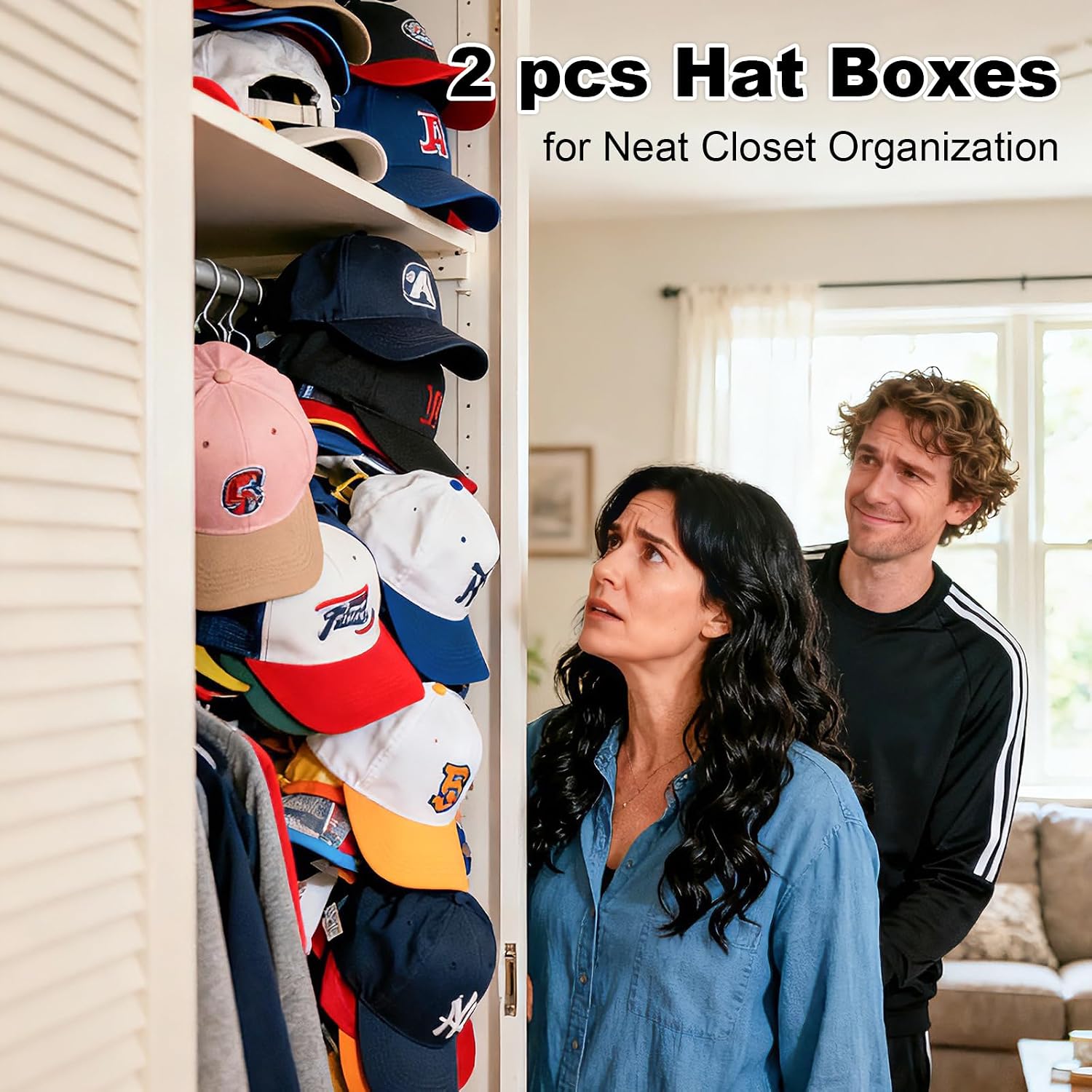 2 PCS Stackable Hat Storage for Baseball Caps, Space Saving Hat Organizer Box for Closet, with All Around Cardboard Support, Zipper Lid, Clear Window and 3 Handle, Each Holds 12 Hats, Grey