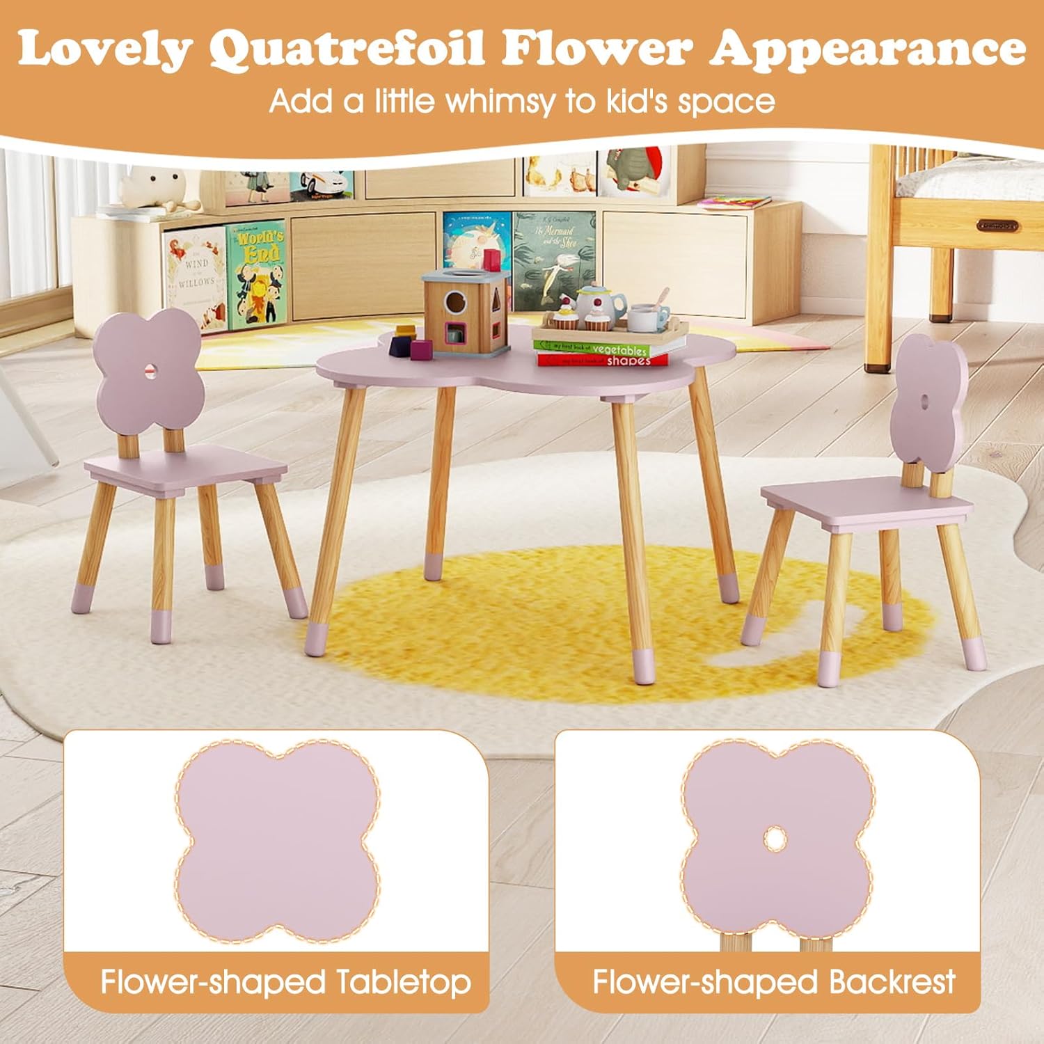 Costzon Kids Table and Chairs, Wooden Toddler Desk Set for Play, Art, Craft, Reading, Learning and Eating, Multi-Activity Table and Chairs for Classroom Daycare Home (Pink, Flower-Shaped)