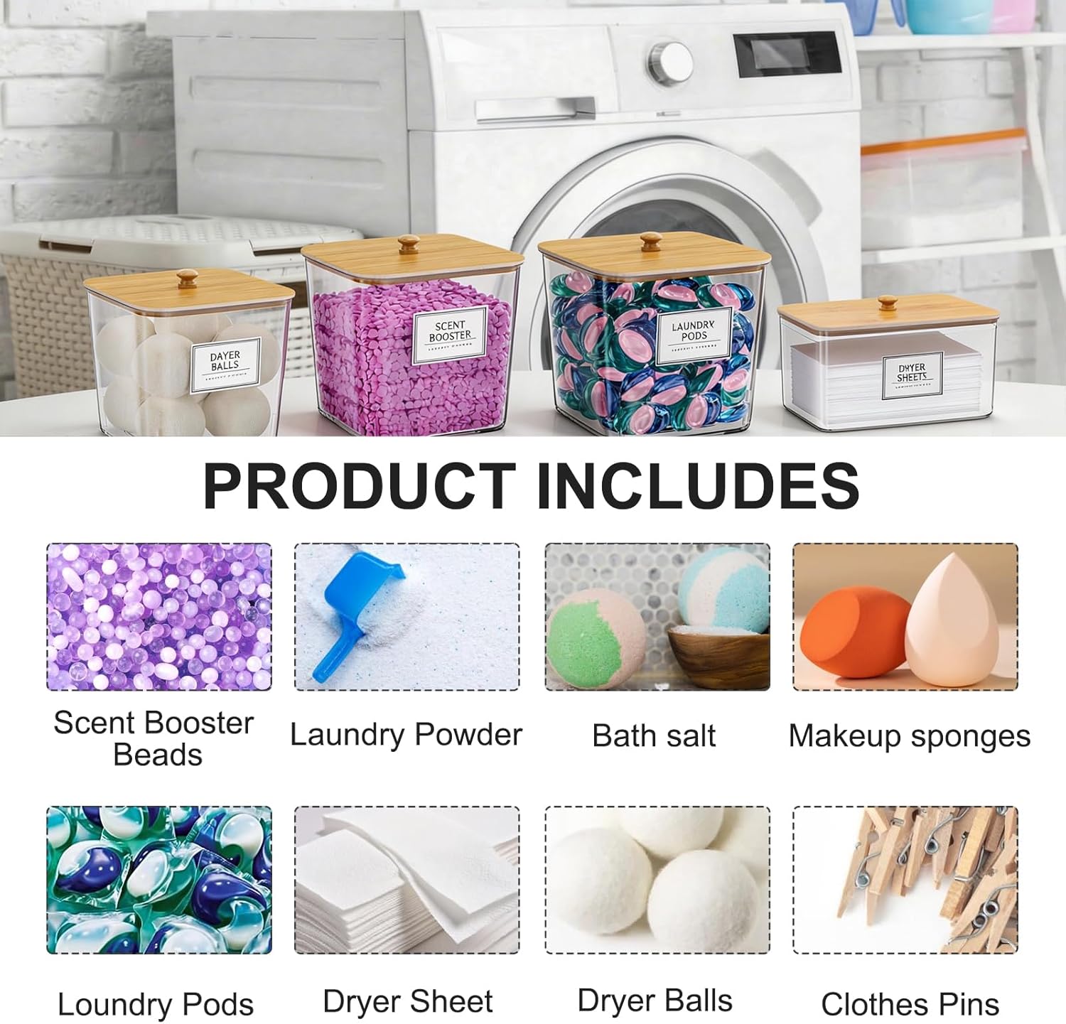 FUSHITON Laundry Pods Storage Container, 3+1 Clear Storage Bins with Bamboo Lids for Detergent Pods, Scent Beads & Dryer Sheets, Includes 16 Labels and 3 Measuring Scoops