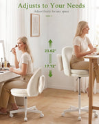 GTPOFFICE Vanity Chair with Back, Adjustable Tall Office Chair High Swivel Bar Stools Fluffy Cute Desk Chair Comfy with Wheels Bow Pillow Armlees for Adults Standing Desk Bar, Teddy Velvet, Cream