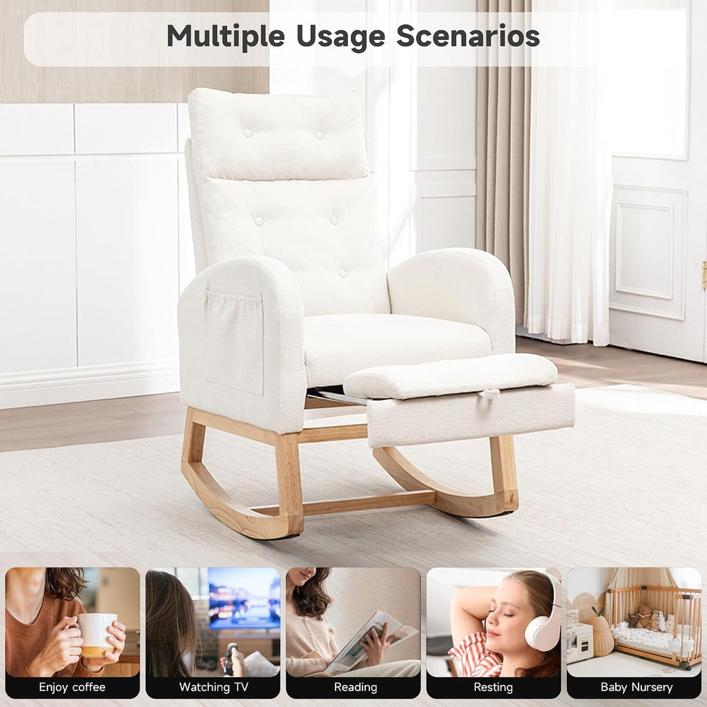 MINCETA Nursery Rocking Chair with Retractable Footrest, Chenille Glider Recliner Chair with High Backrest, Side Pocket and Silent Wood Base for Nursery, Living Room and Bedroom, Cream White