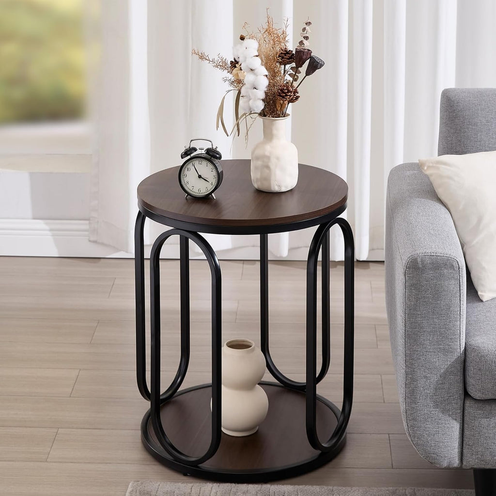 BECHAEO Small Side Table 19.7", 2-Tier Round Bedside Table with Storage, Wood Industrial Design End Tables for Living Room, Bedroom, Office, Bathroom, Dark Coffee