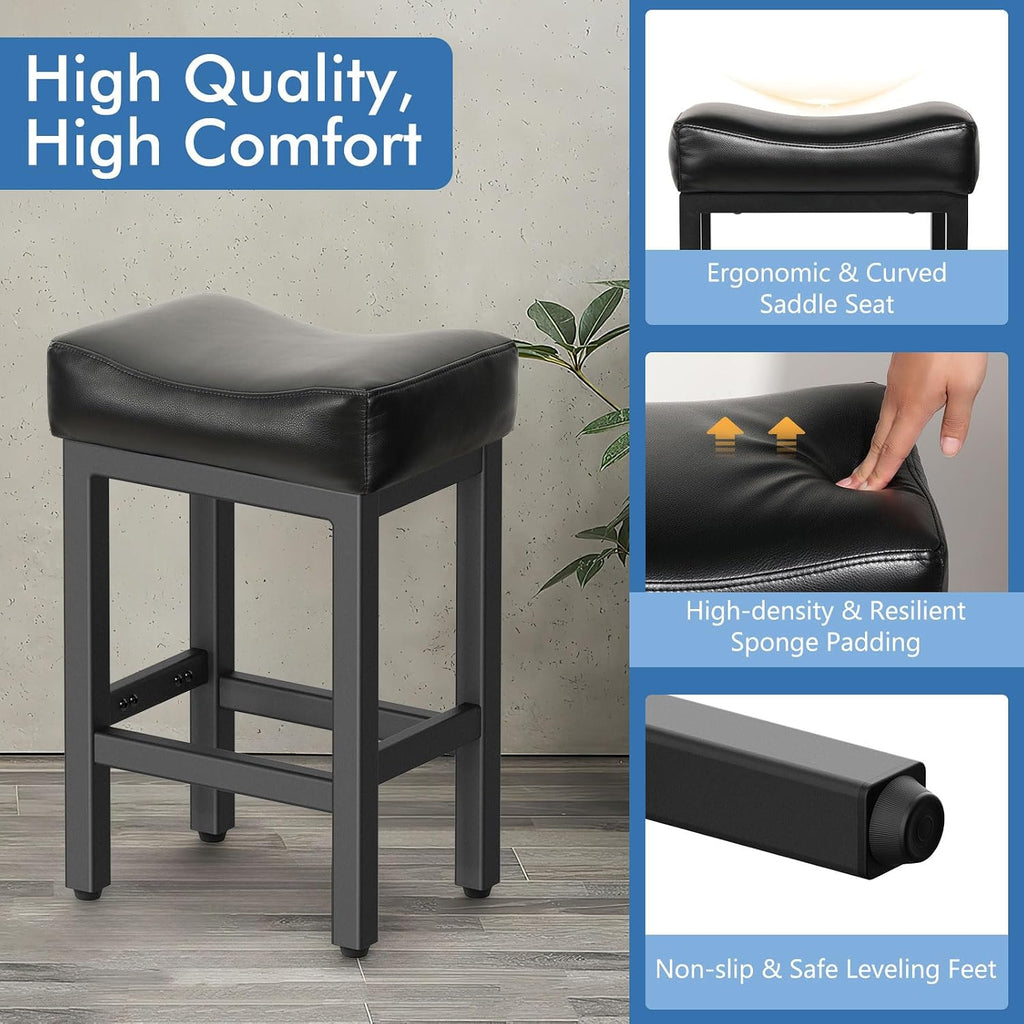 Raynesys Counter Height Bar Stools Set of 3, 24 Inch Barstools for Kitchen Island Counter, Bonded Leather Kitchen Stools with Saddle Seats & Metal Base, Easy Assembly, Black