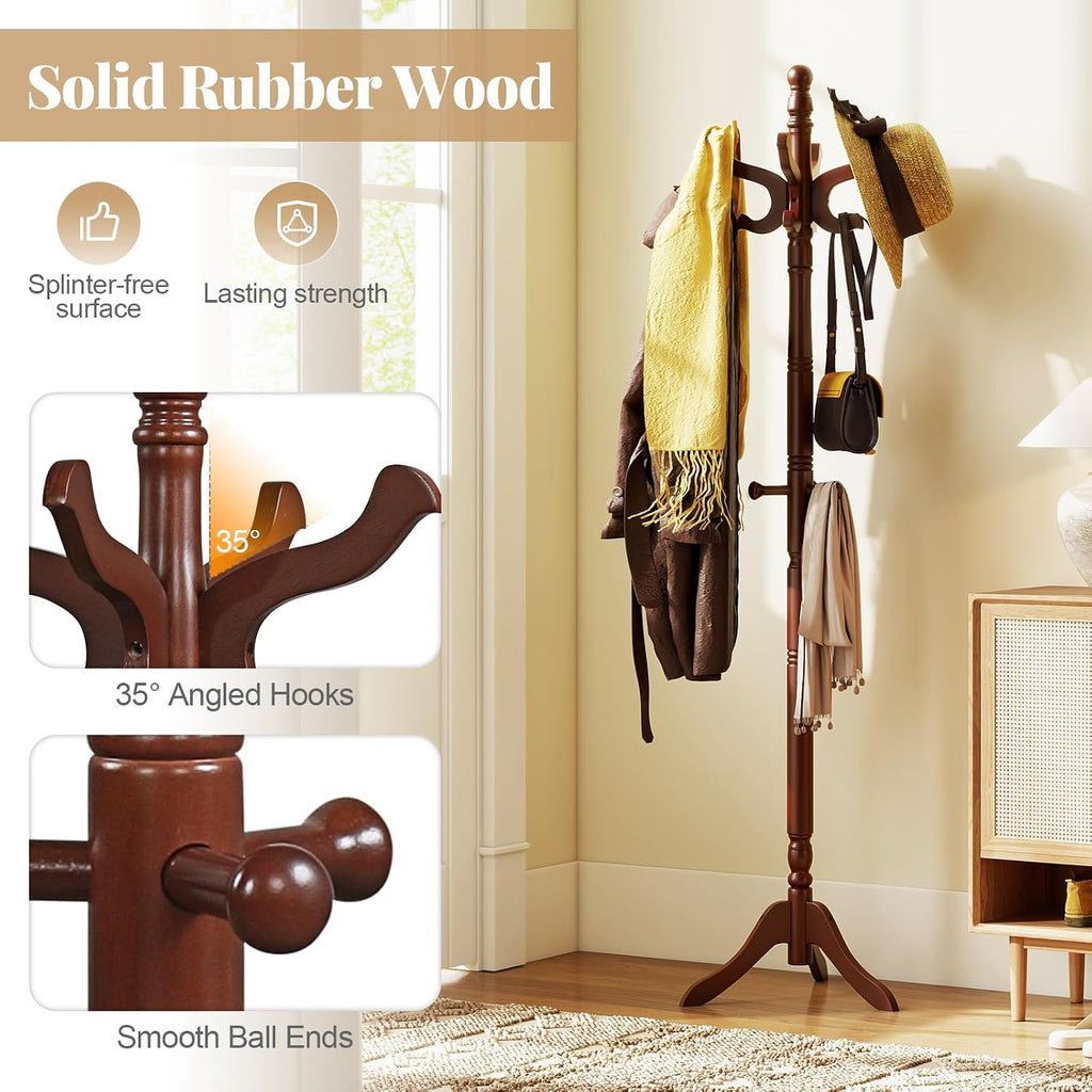 Tangkula Coat Rack Freestanding, Solid Rubber Wood Coat Tree with 11 Hooks and 3 Height Options for Coats, Hats, Bags, Purses, Clothes, Hanger Stand for Entryway Hallway Bedroom Office (Reddish Brown)