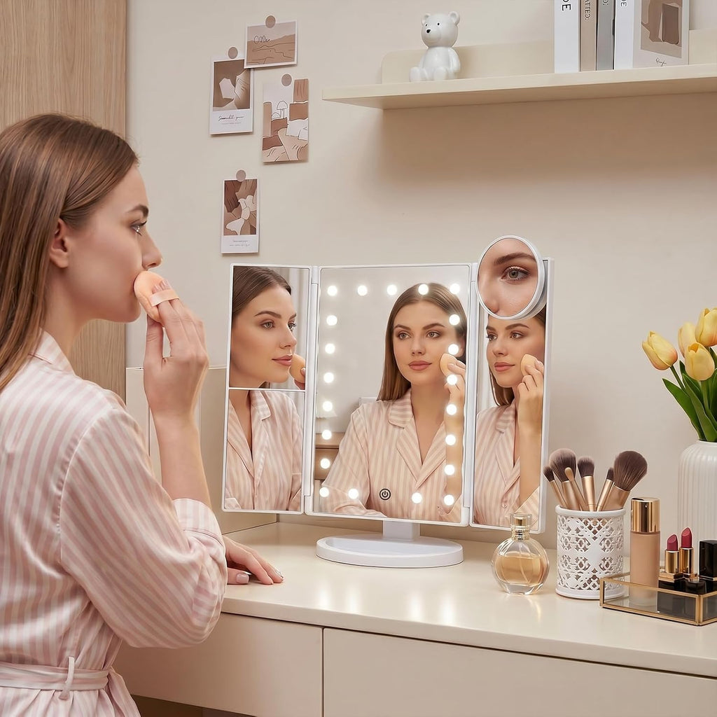 HUONUL Makeup Mirror, Vanity Mirror with Lights, 2X/3X/10X Magnification, Touch Control, Trifold, Dual Power Supply, Birthday Gifts for Women, Wife, Mom, Girls,Dorm Room Essentials