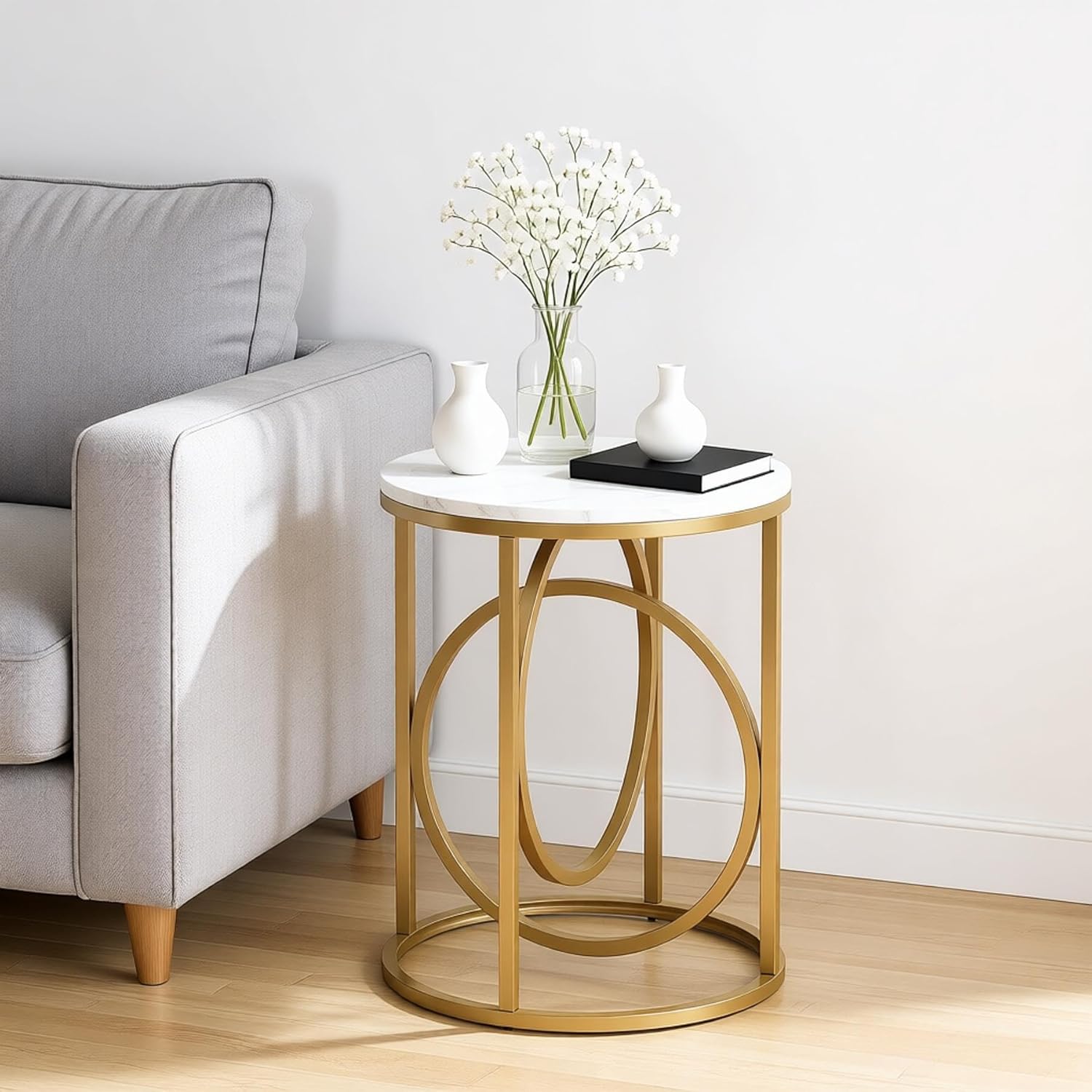 LITTLE TREE 20” Round End Table，Modern Sofa Side Table with Gold O-Shaped Base, Faux Marble White Cocktail Table Accent Table Nightstand for Living Room Bedroom