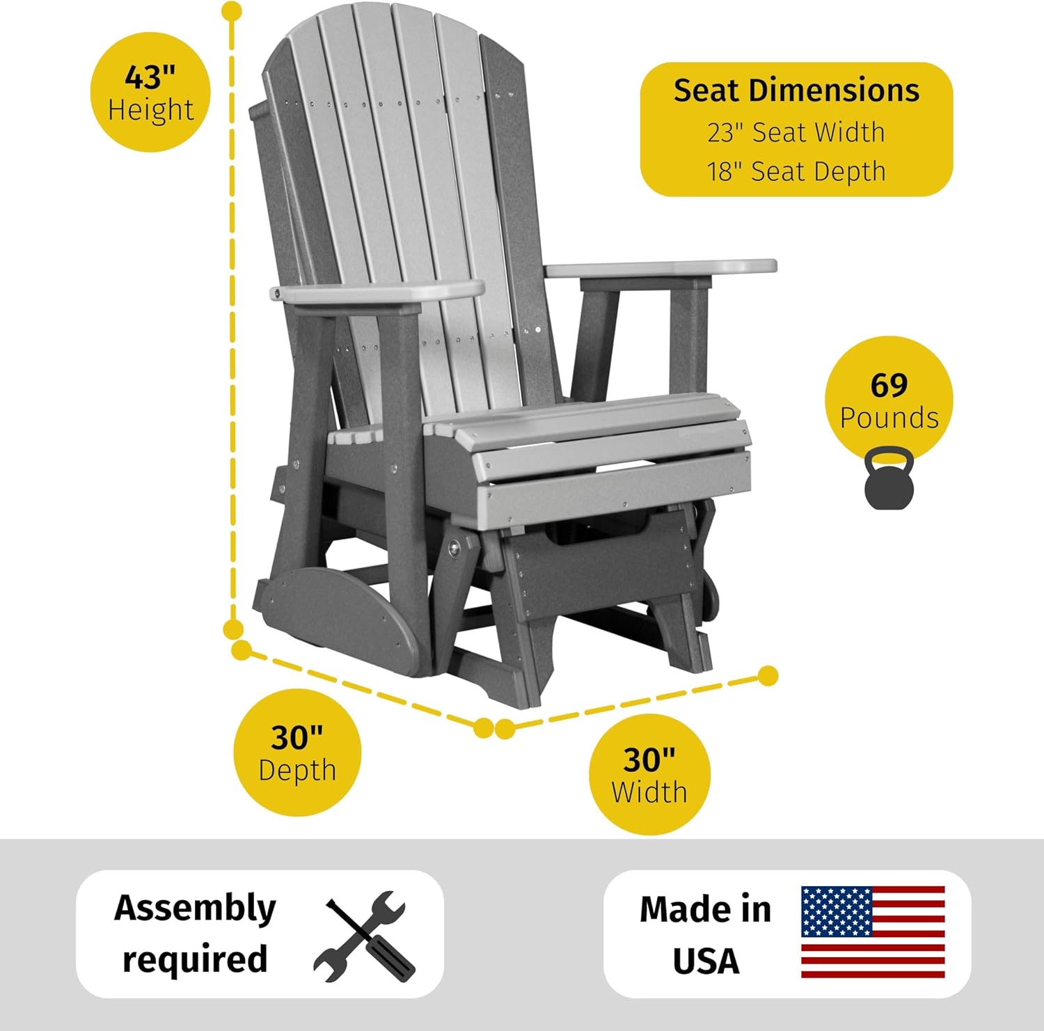 LuxCraft 2' Adirondack Glider Chair - Available in 20 Colors, Weatherwood and Black