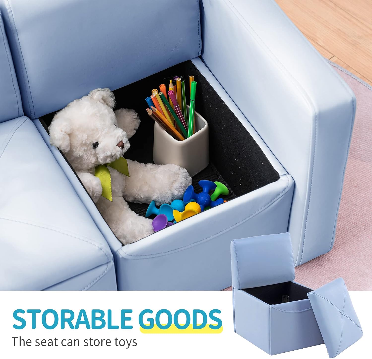UNICOO Toddler Convertable Sofa, 2-in-1 Double Set Sofa Convert to Table & 2 Chairs, Toddler Lounge with Wooden Frame and Leather Surface, Childrens Couch Armrest Chair with Storage Box (Sky Blue)