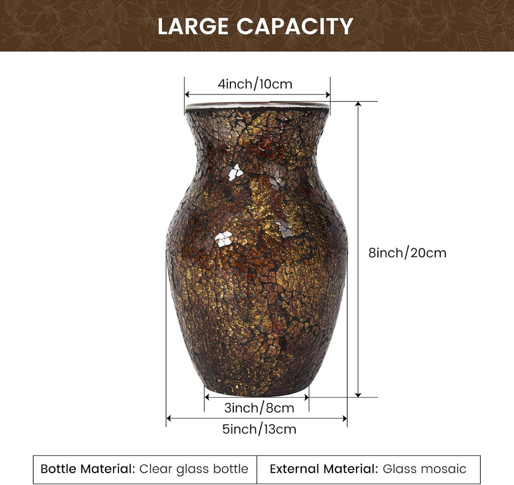 Mosaic Glass Flower Vase for Home Decor, Handmade Glass Vases for Living Room, Kitchen, Wedding, Office (Brown, 5 * 8 Inch)