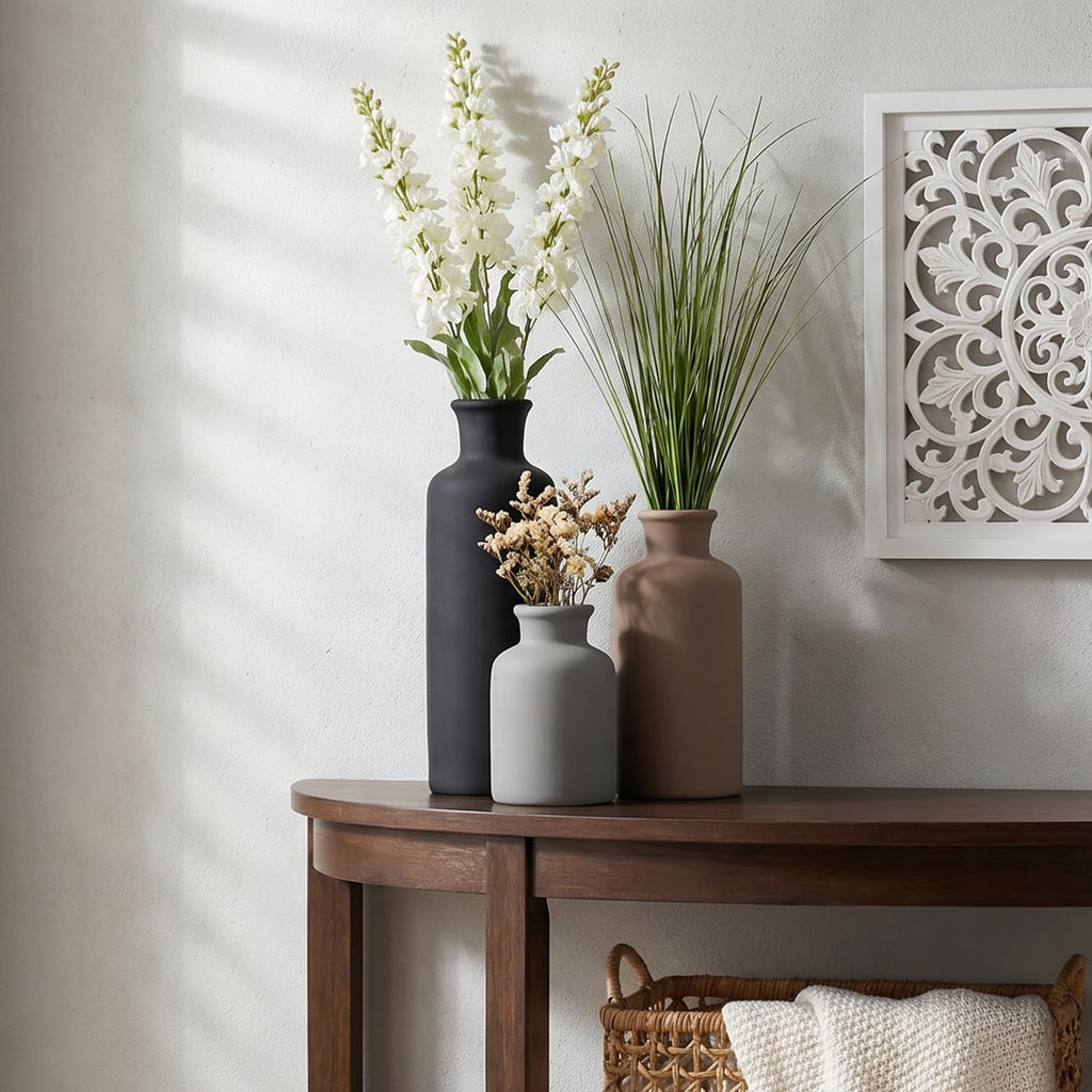Ceramic Vase Set of 3, Modern Minimalist Neutral Home Decor, Boho Rustic Farmhouse Decorative Vases for Pampas Grass Dried Flowers | Table Centerpiece Entryway Mantel Bookshelf(Black Mix Set - Gray#2)