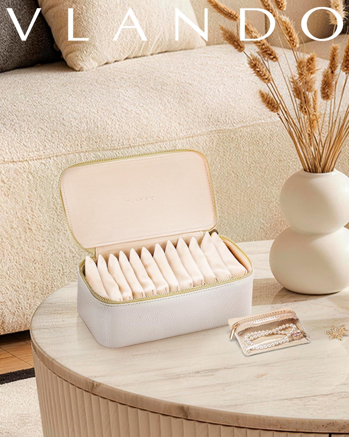 VLANDO Travel Jewelry Case,Jewelry Box with 12 Velvet Jewelry Pouch Jewelry Travel Organizer for Women Girl Jewelry Case Necklace Rings Earrings Bags Wedding Gifts (White)