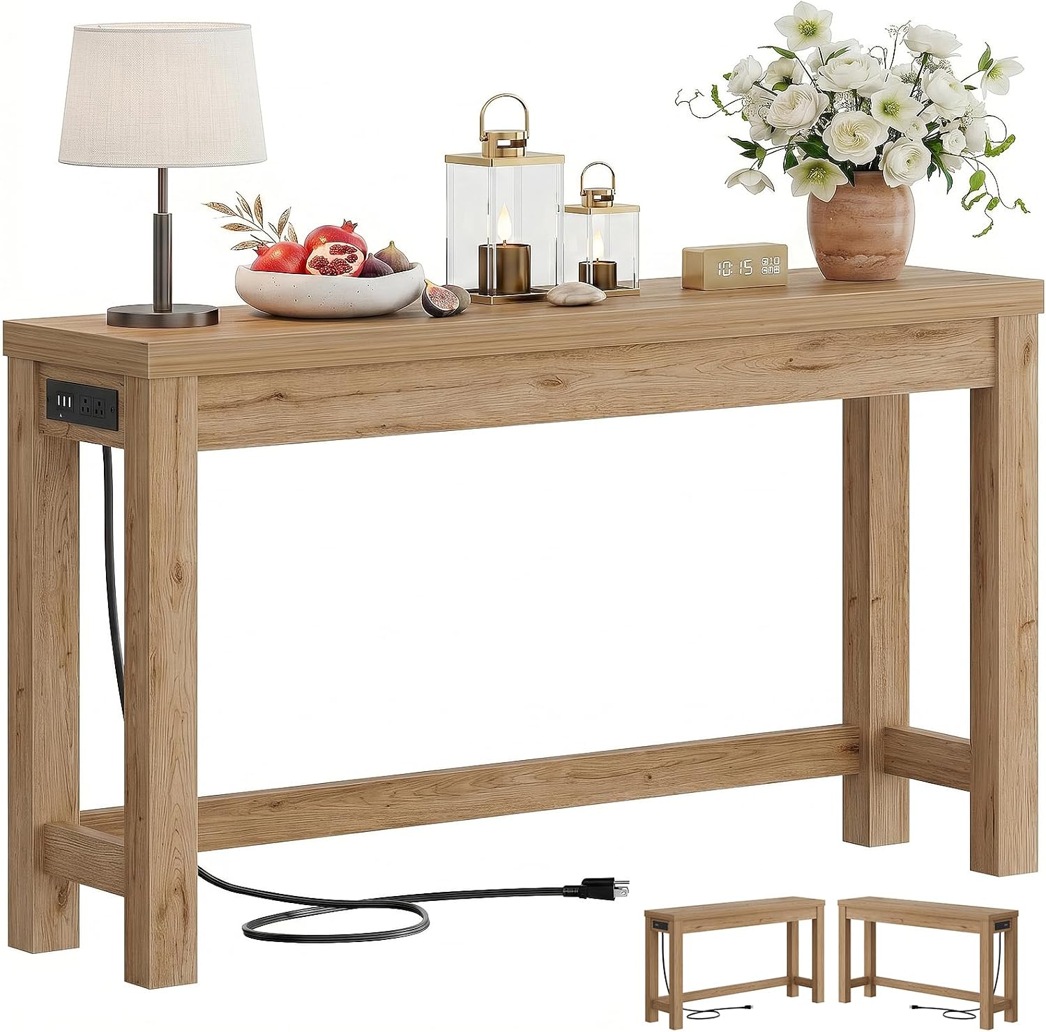 Cyclysio 47" Console Tables for Entryway, Narrow Console Tables for Living Room, Behind Couch Table, Sturdy Wood Support Hallway Table with 3AC+2USB Charging‌ Station, Natural Oak