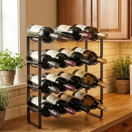 1-Tier Wine Rack for Countertop - Stackable Metal Wine Bottle Holder for 4 Bottles - Free-Standing Wine Organizer & Storage for Cabinet, Pantry, Counter - Dark Copper Wine Bottle Rack by Salvino