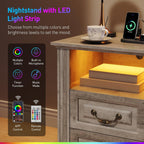 RALGEND Farmhouse End Table with 2 Drawers, Nightstand with Charging Station, End Tables Living Room with LED Lights, Bedside Table for Bedroom, Living Room, Greige