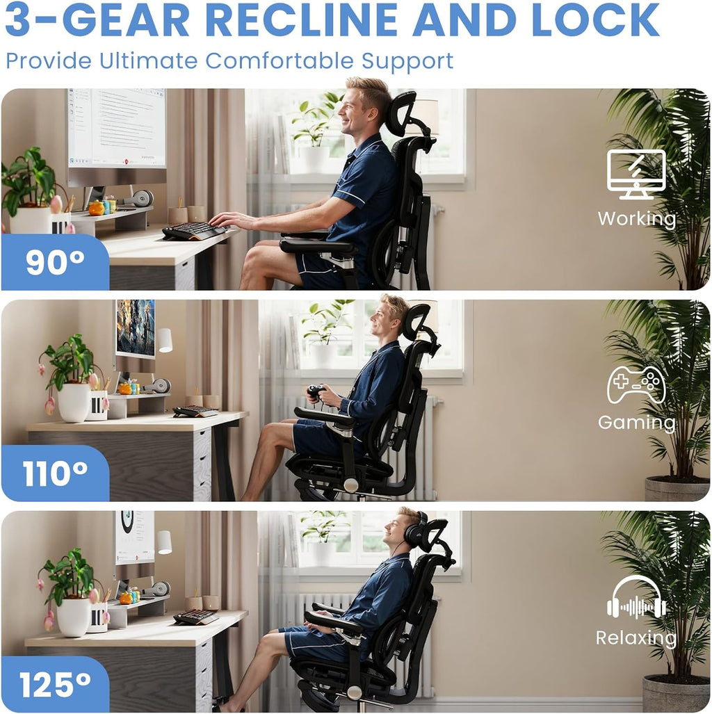 MOJAY Ergonomic Office Chair with Footrest, Big and Tall Desk Chair with Lumbar Support, High Back Home Desk Chair for Long Desk Work, Swivel Rolling Computer Seating with 6D Armrest for Home Office