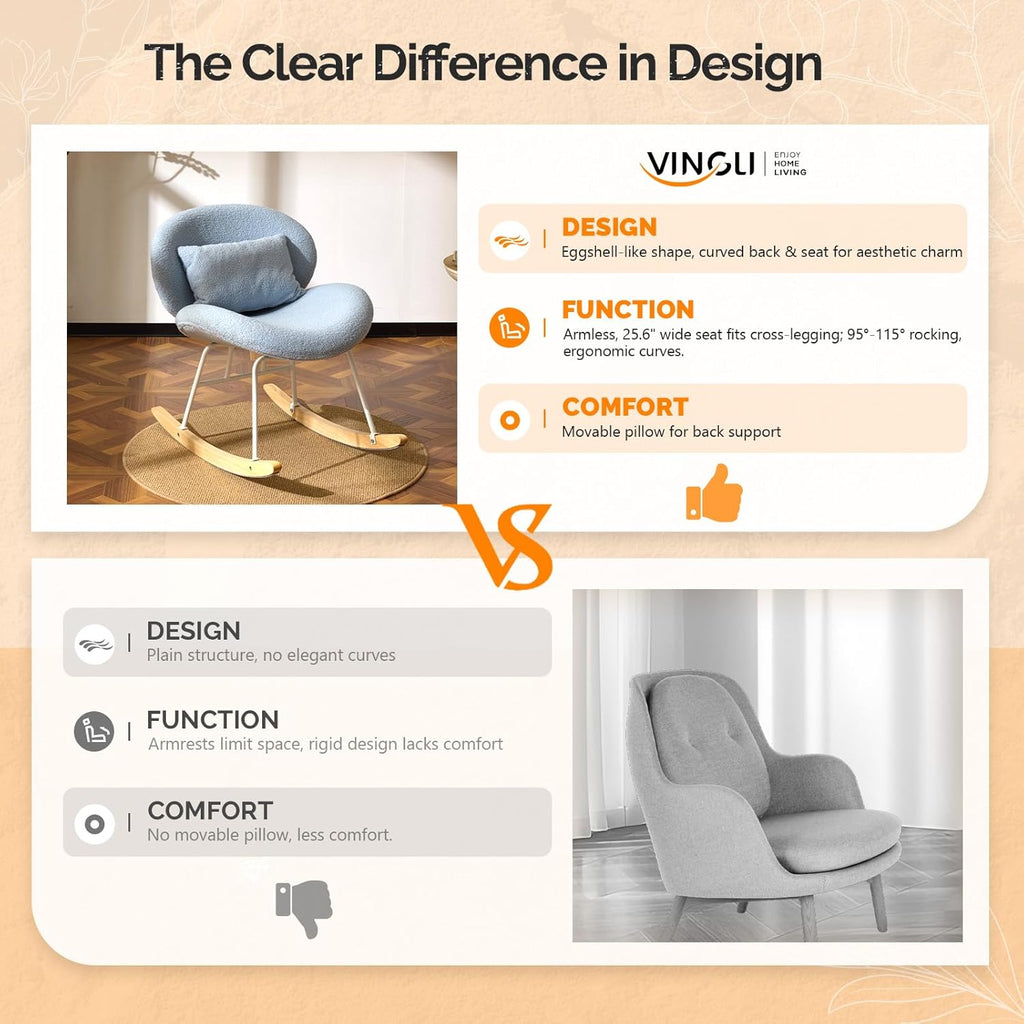 VINGLI 25.6" Extra Wide Criss Cross Nursery Rocking Chair,Cute Curved 115° Reclining Armless Glider,Teddy Small Rocker w/Pillow & Solid Wood for Indoor,Bedroom, Living Room,Teddy Fleece,Sky Blue