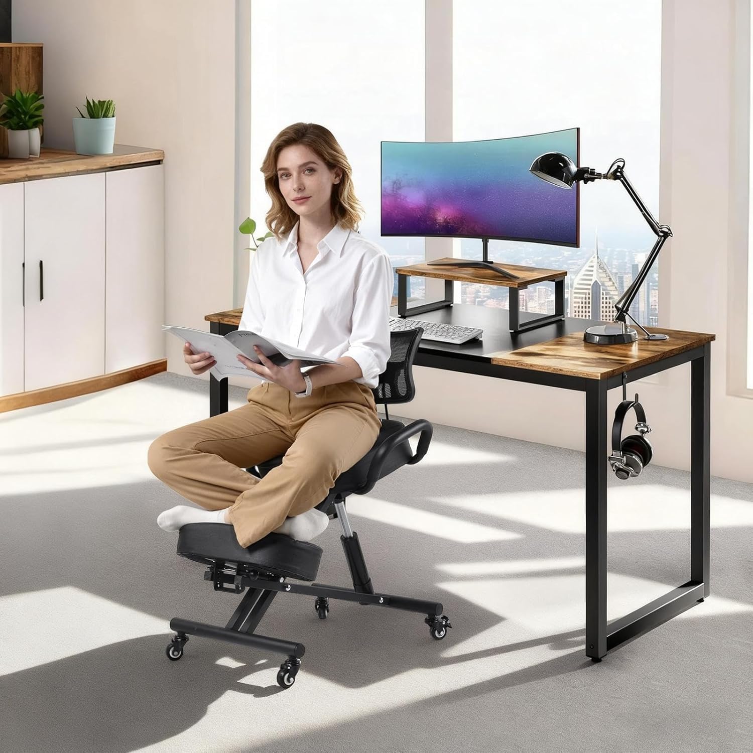 Ergonomic Kneeling Chair, Height Adjustable Stool for Home and Office, PU Kneeling Chair for Desk to Relieve Back Discomfort, Thick Moulded Foam Cushions Brake Casters(with backrest)