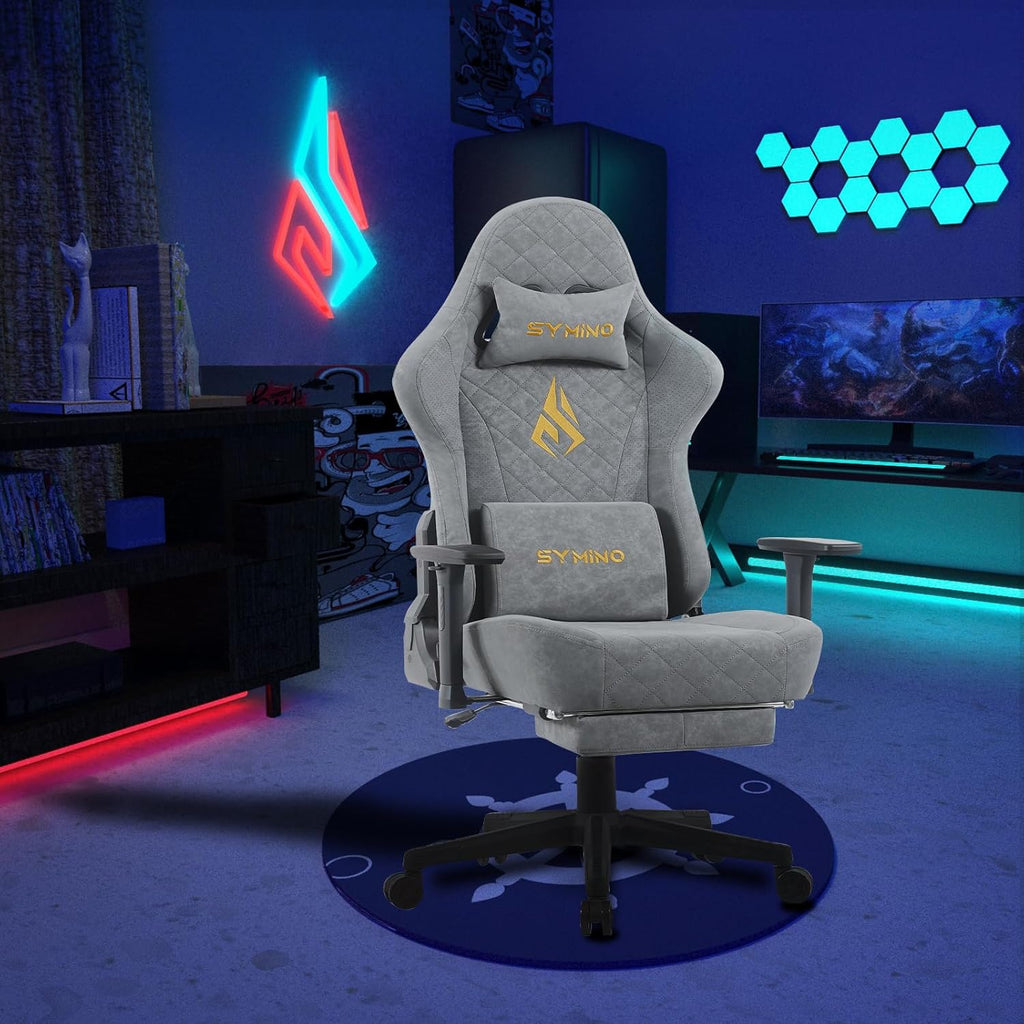 Symino Gaming Chair with Foot Rest, 3D Armrests PU Leather High Back Ergonomic Office Chair, 150° Recline Computer Desk Chair, Diamond Stitching, Grey