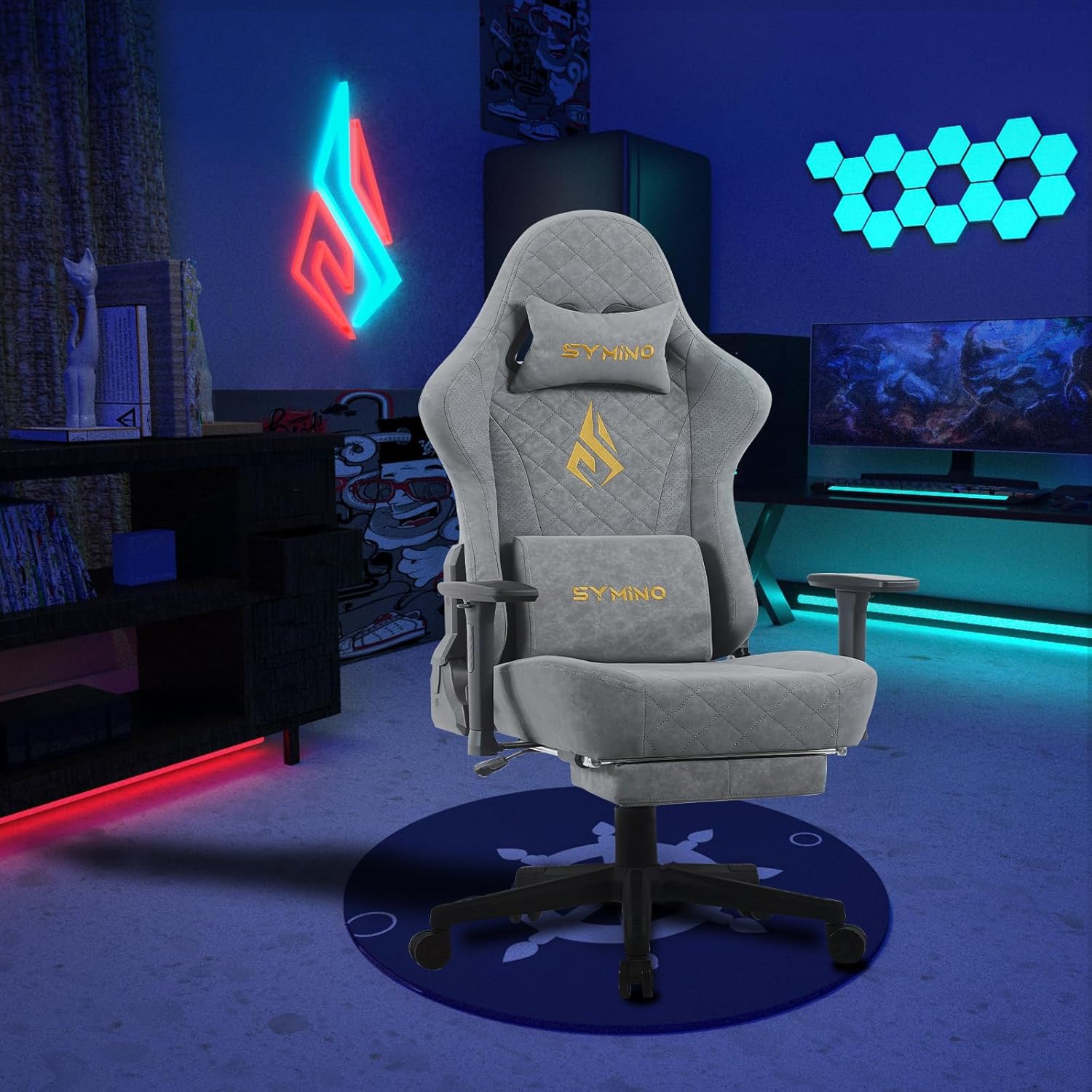 Symino Gaming Chair with Foot Rest, 3D Armrests PU Leather High Back Ergonomic Office Chair, 150° Recline Computer Desk Chair, Diamond Stitching, Grey