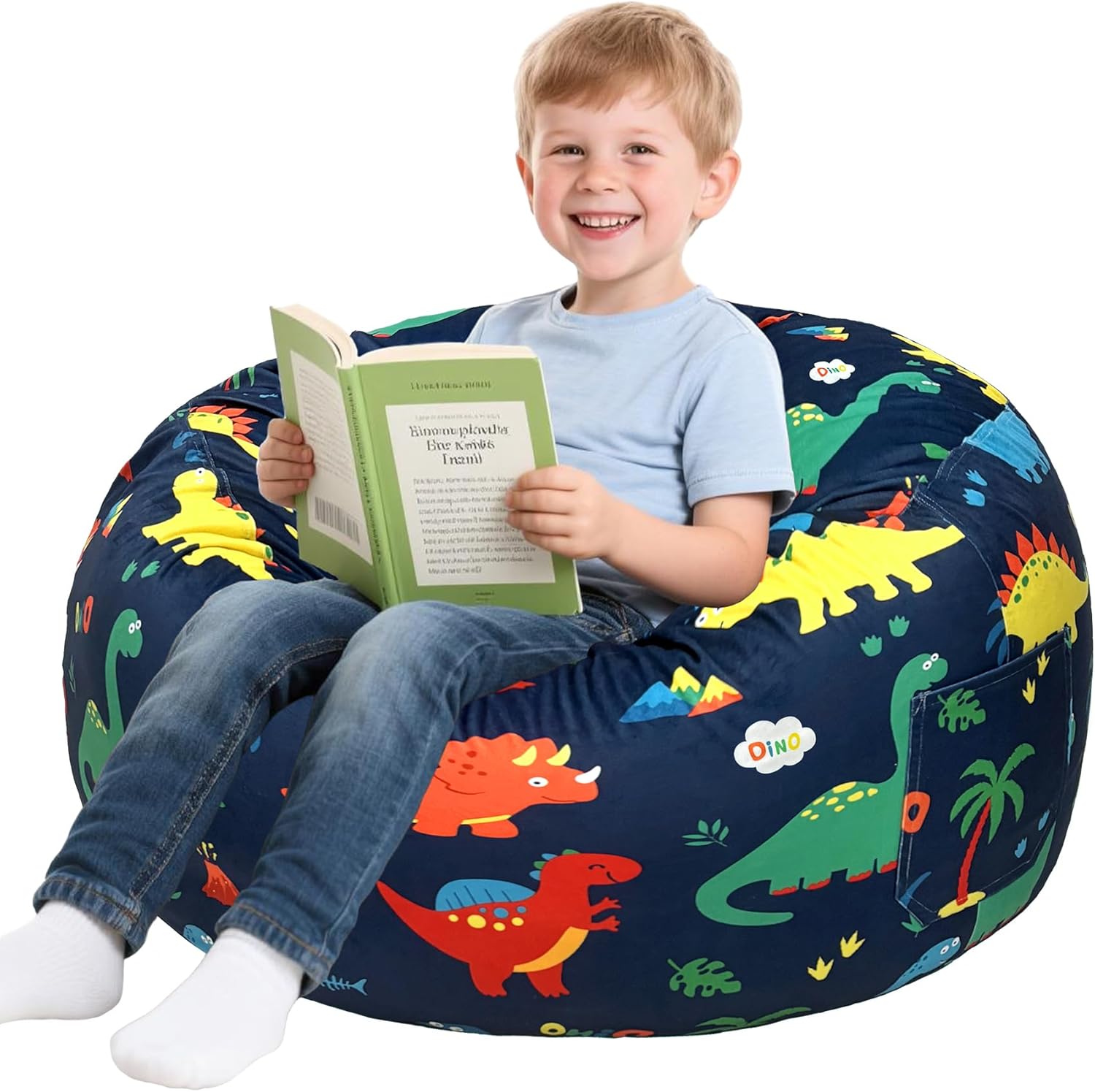 Lukeight Dinosaur Bean Bag Chair for Kids and Teens, Memory Foam Filled Floor Lounger, Washable Velvet Cover with Inner Liner, Beanbag Chair with Filling for Gaming and Reading, Large 27" D x 16" H