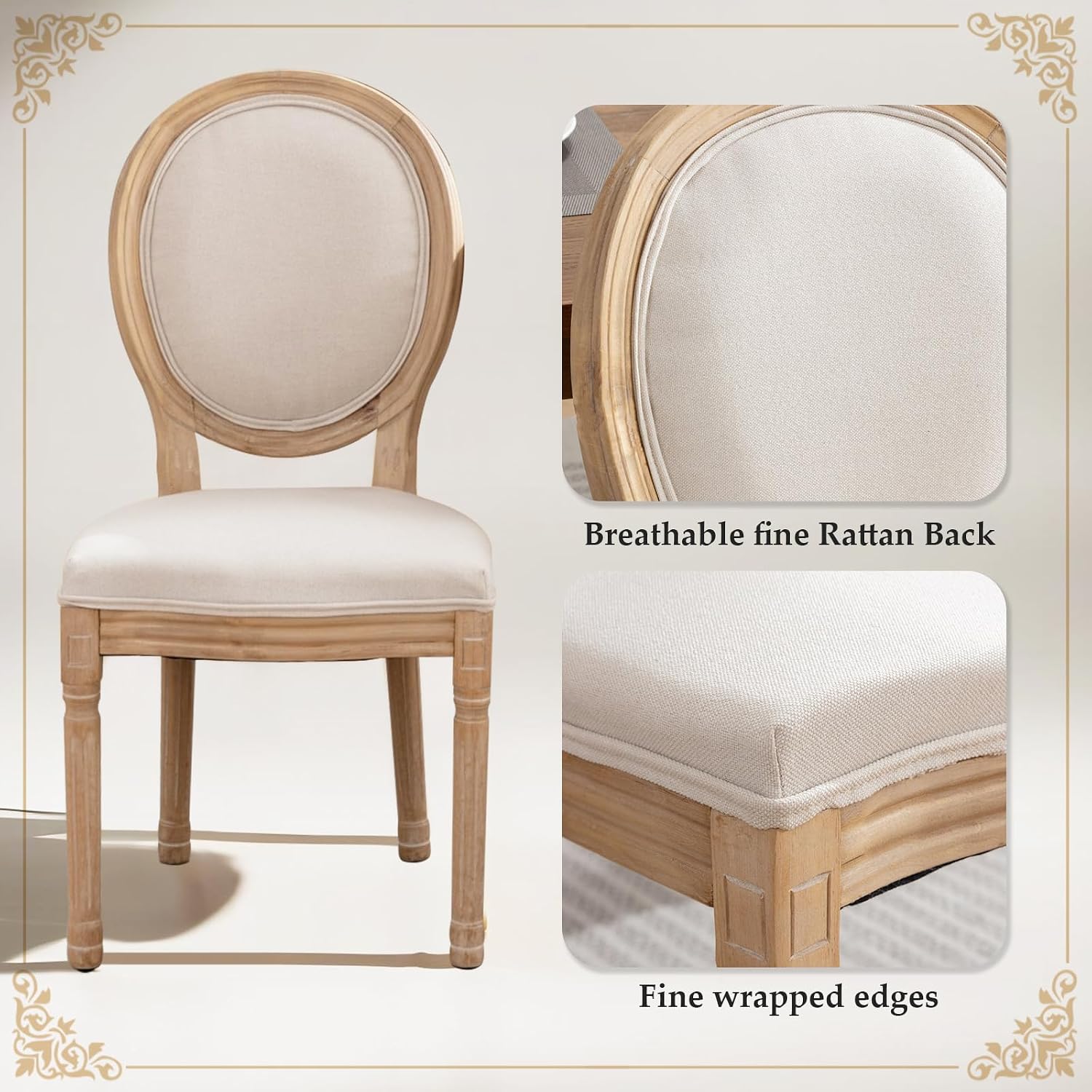 SoarFlash French Dining Chairs Set of 6, Vantage Linen Dining Chair with Round Back, Farmhouse Country Dining Chair for Living Room,Kitchen,Bedroom,Beige