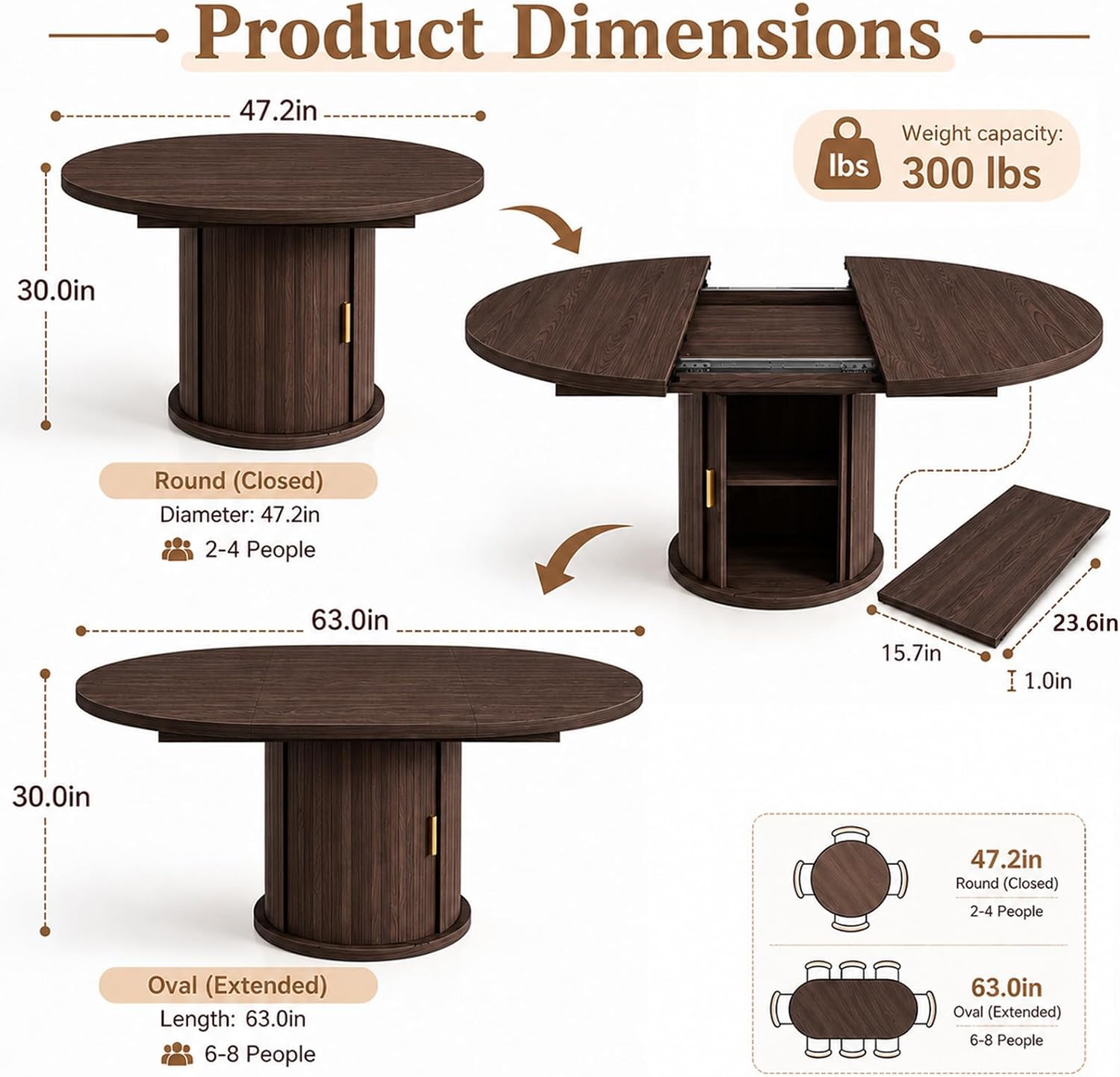47 63" Extendable Round Wooden Dining Kitchen Table | 4-8 Seat Height Adjustable Shelf,23.6" Dust-Proof Storage Sturdy Pedestal Base,1.2" MDF Tabletop, Apartment,Natural