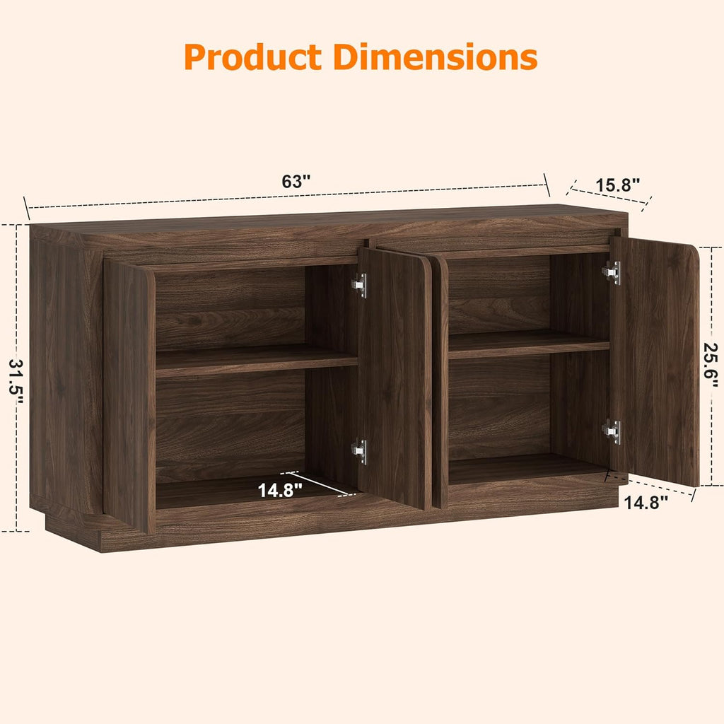 knoworld 63" Buffet Cabinet with Storage & Power Outlet, Fluted Sideboard Credenza with Double-Arc Doors, Mid-Century Modern Coffee Bar Cabinet Console Table for Dining Room, Living Room, Walnut