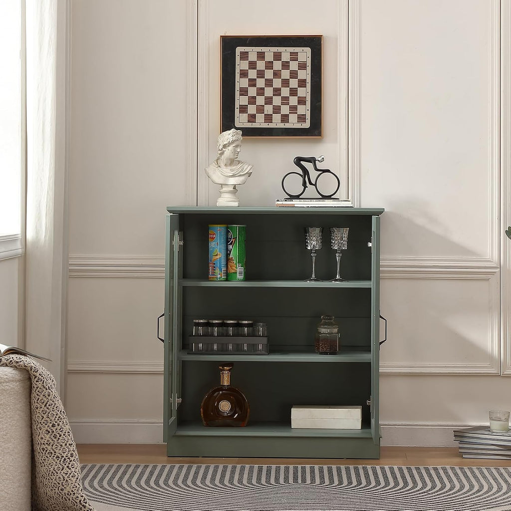 FOREST GRAVITY 31.5'' Small Display Buffet Cabinet with Glass Doors for Great Showcase,Small Coffee bar Cabinet with one Adjustable Shelf and one Fixed Shelf,Modern Sideboard Buffet for Kitchen,Green