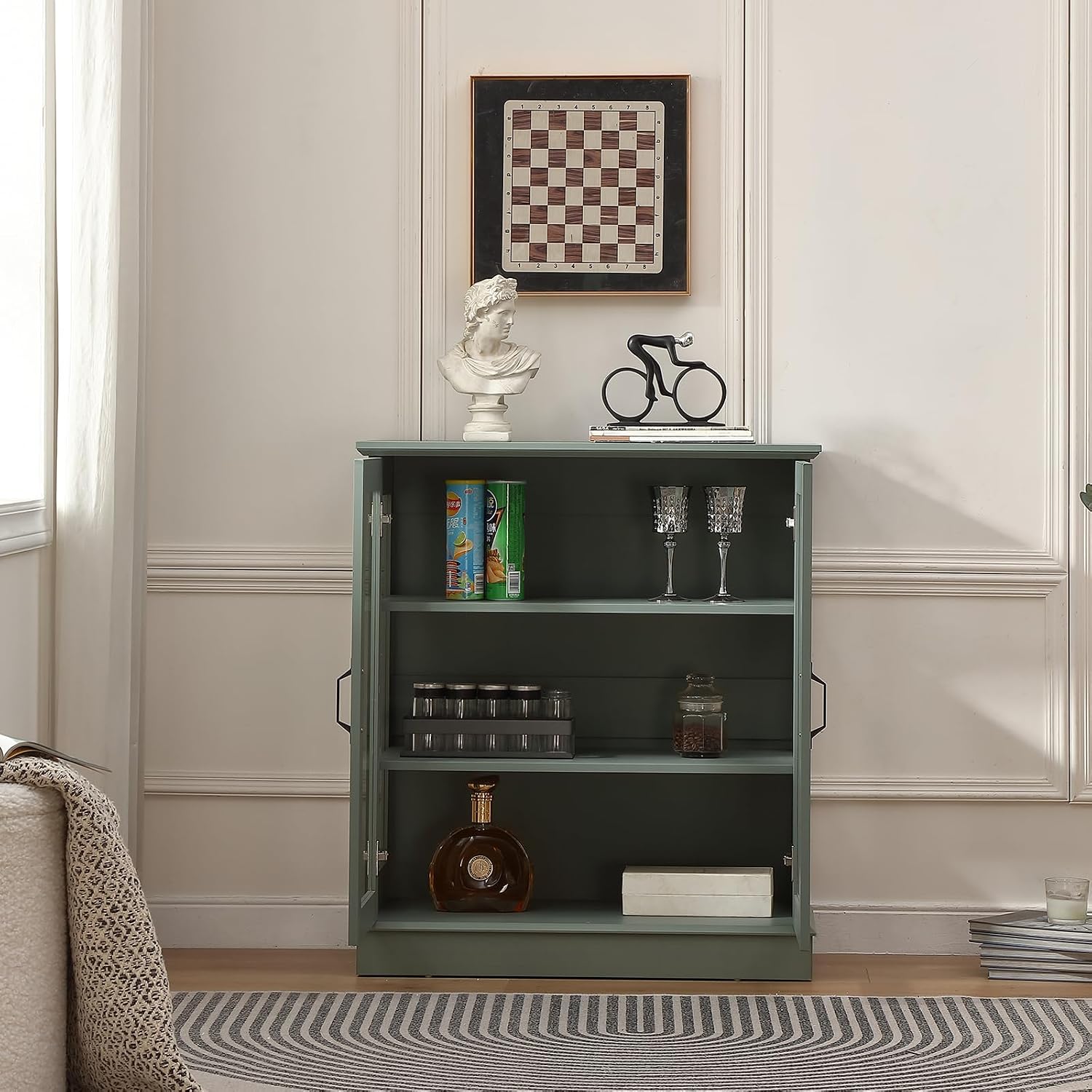 FOREST GRAVITY 31.5'' Small Display Buffet Cabinet with Glass Doors for Great Showcase,Small Coffee bar Cabinet with one Adjustable Shelf and one Fixed Shelf,Modern Sideboard Buffet for Kitchen,Green