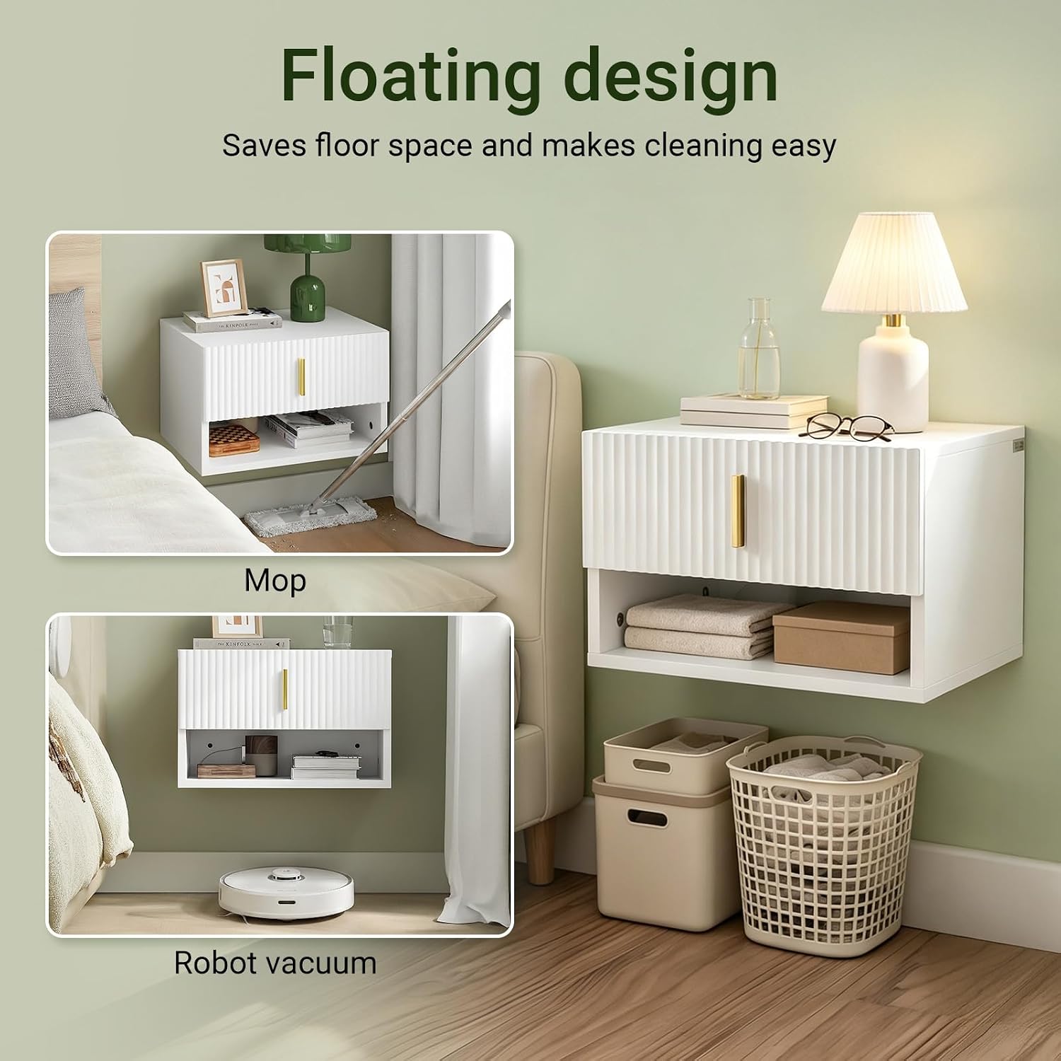 SoBuy Floating Nightstand with LED Sensor Light | Slim Wall Mounted Bedside Table with Drawer, Narrow White Nightstand for Bedrooms and Dorms, FBT176-E-
