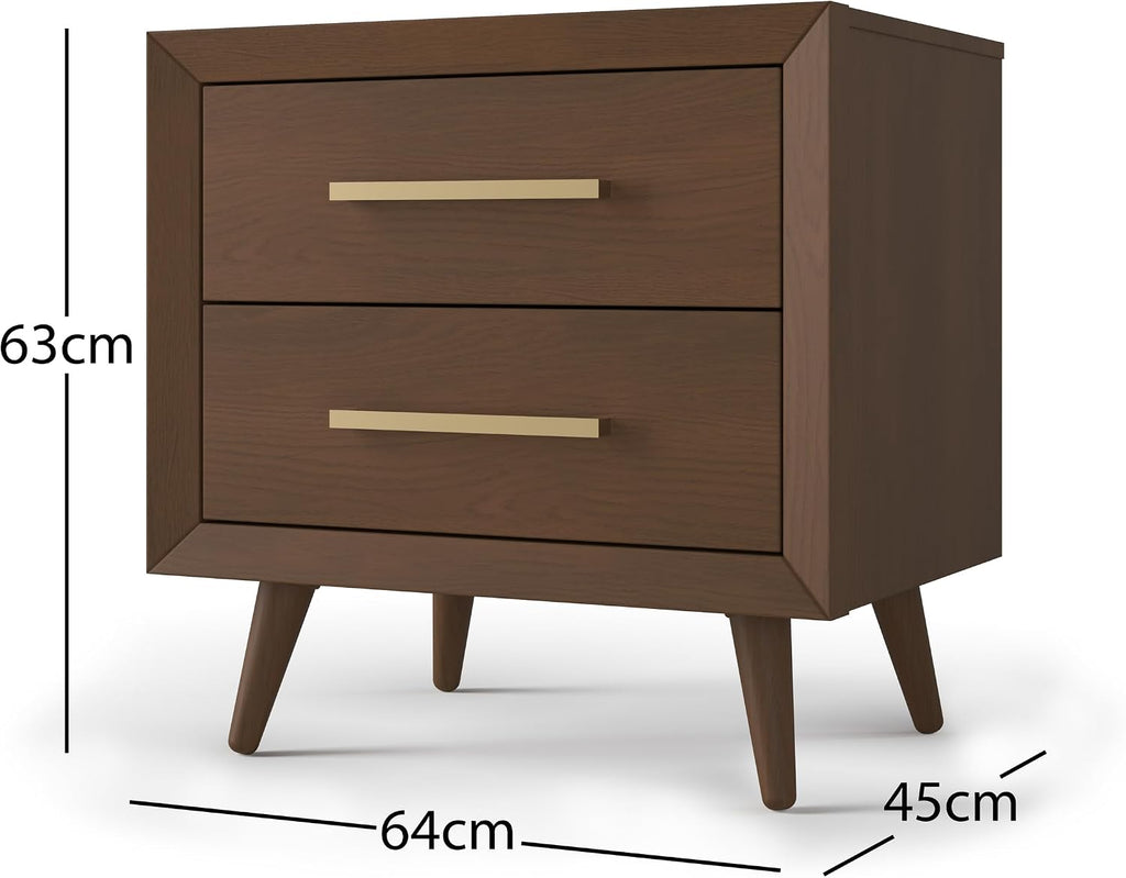 Child Craft Cranbrook Nightstand, 25" W Mid-Century Modern 2-Drawer Nursery Nightstand with Metal Handles, Toasted Chestnut
