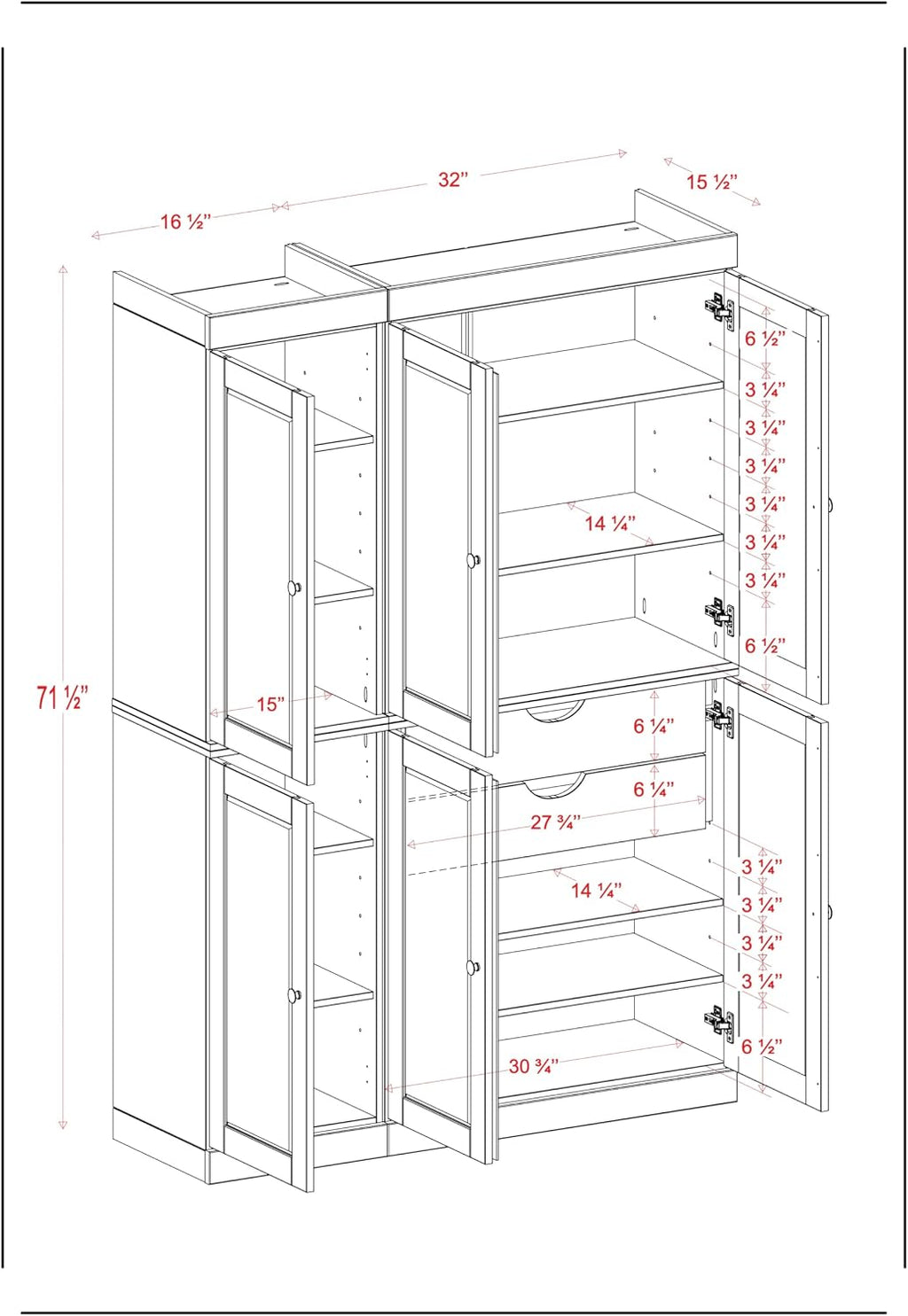 Palace Imports Solid Wood Kitchen Pantry Cabinet 71.5" Tall, 48.5" Wide – Storage Cabinet w/ 6 Shaker Doors, 2 Drawers & 8 Adjustable Shelves – Green, Renewable Eco-Friendly 100% Wood, Made in Brazil