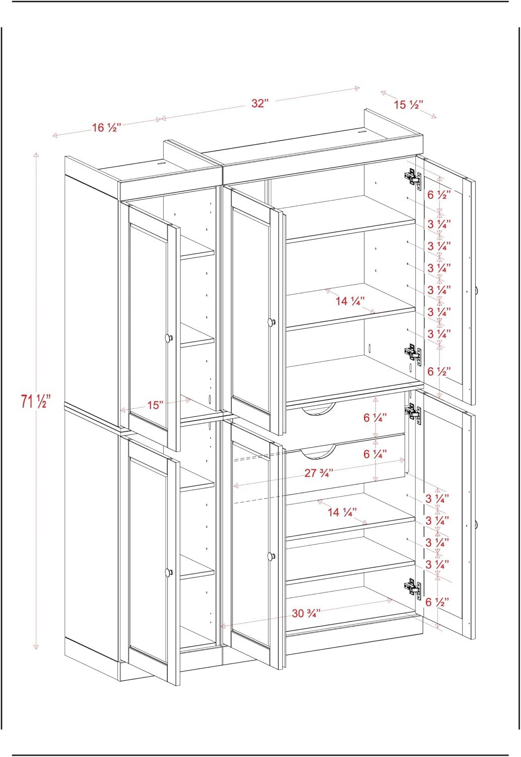 Palace Imports Solid Wood Kitchen Pantry Cabinet 71.5" Tall, 48.5" Wide – Storage Cabinet w/ 6 Shaker Doors, 2 Drawers & 8 Adjustable Shelves – Green, Renewable Eco-Friendly 100% Wood, Made in Brazil