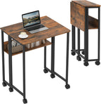 Folding Desk Small Rolling Desk with Storage Shelf,24.8 Inch Foldable Computer Table with Wheels,Portable Office Desk for Small Space Sofa Table,Easy to Fold,Writing Work Office Computer Desk,Walnut