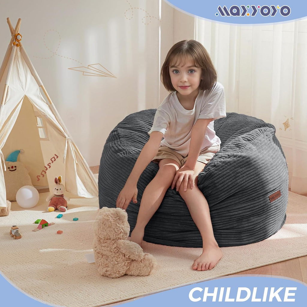 MAXYOYO Bean Bag Chair Bed for Kids, Convertible Bean Bag Folds from Lazy Chair to Floor Bed, Machine Washable Corded Fabric, Stuffed Floor Sofa Couch for Boys and Girls, Dark Grey