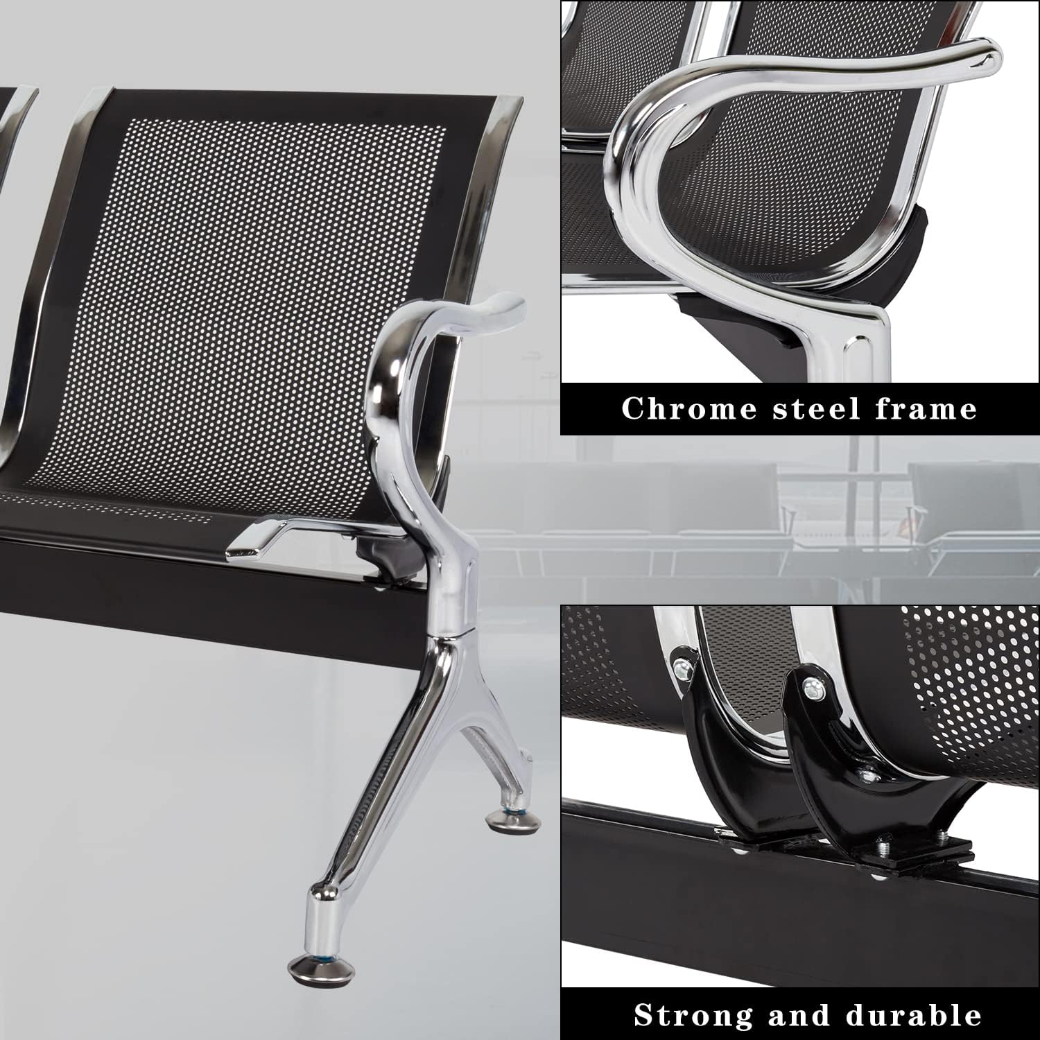Kinsuite Waiting Room Chair - 3-Seat Airport Reception Lobby Office Bench, Black