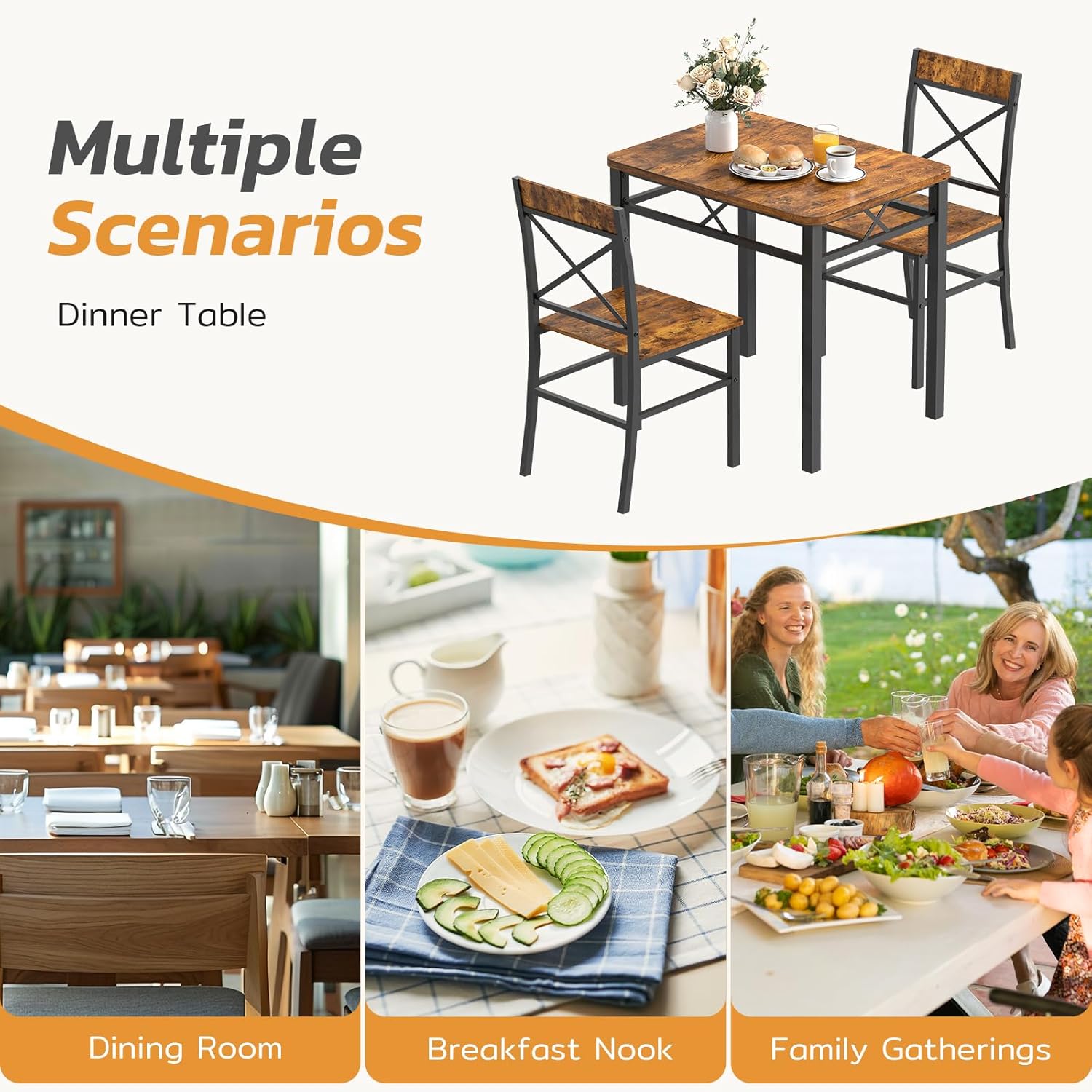 Zevemomo 3-Piece Dining Table Set, Dining Table for 2, Small Table and Chairs Set of 2, Breakfast Nook Table Set with 2 Curved Backrest Chairs, for Small Spaces & Apartment-Brown
