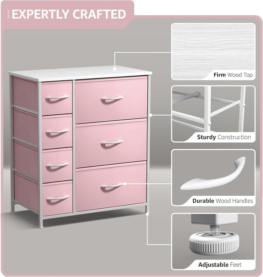 Sorbus Dresser with 7 Drawers - Furniture Storage Chest for Kid’s, Teens, Bedroom, Nursery, Playroom, Clothes, Toys - Steel Frame, Wood Top, Tie-dye Fabric Bins (7-Drawer, Pastel Pink)