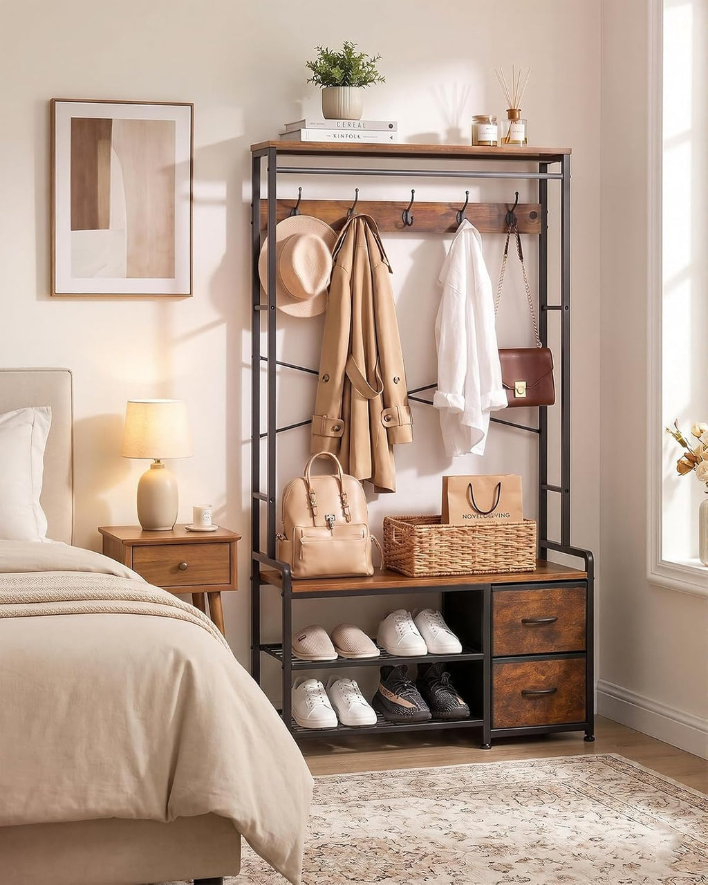 Faesun Hall Tree with Bench and Shoe Storage, Coat Rack, 5-in-1, 31.5" Entryway Bench with 2 Fabric Drawers, Mudroom Bench with Storage and Hooks, Rustic Brown
