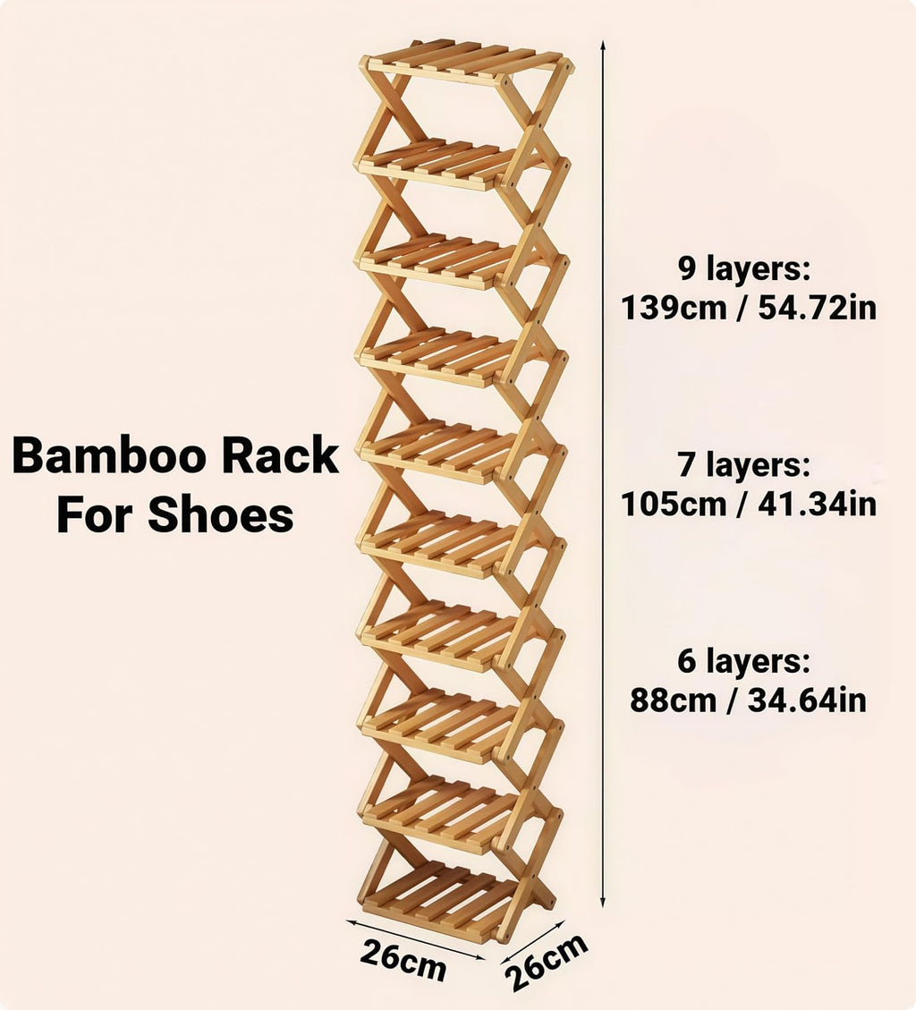 2026 New The 9-Tier No-Assembly Bamboo Rack for Shoes, Foldable 6/7/9 Tier Bamboo Shoe Rack, The End of Your Entryway/Closet/Dorm Shoe Pile, Space-Saving (Nature 9 Layers)