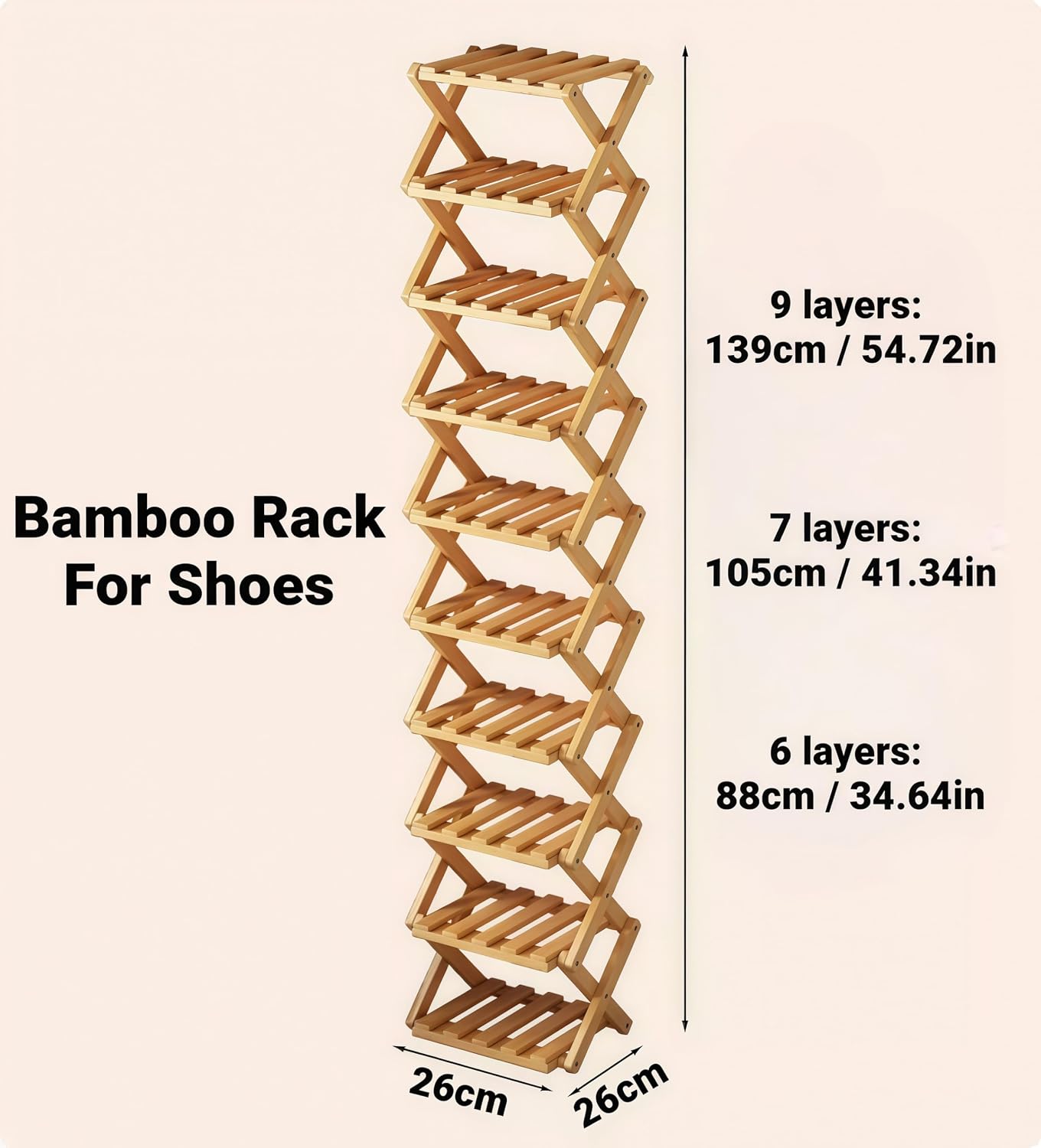 2026 New The 9-Tier No-Assembly Bamboo Rack for Shoes, Foldable 6/7/9 Tier Bamboo Shoe Rack, The End of Your Entryway/Closet/Dorm Shoe Pile, Space-Saving (Nature 9 Layers)