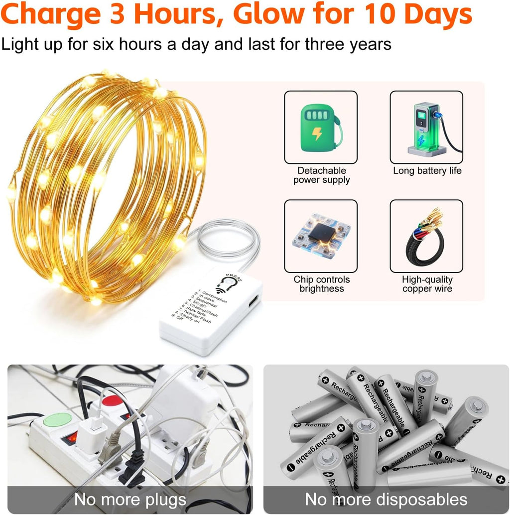 8 Pack Rechargeable LED Fairy Lights 7Ft 20LED Battery Operated with Remote, DIY Timer & 8 Modes, Mini Twinkle String Lights for Indoor Christmas Wedding Mason Jar Bedroom Table (Warm White)