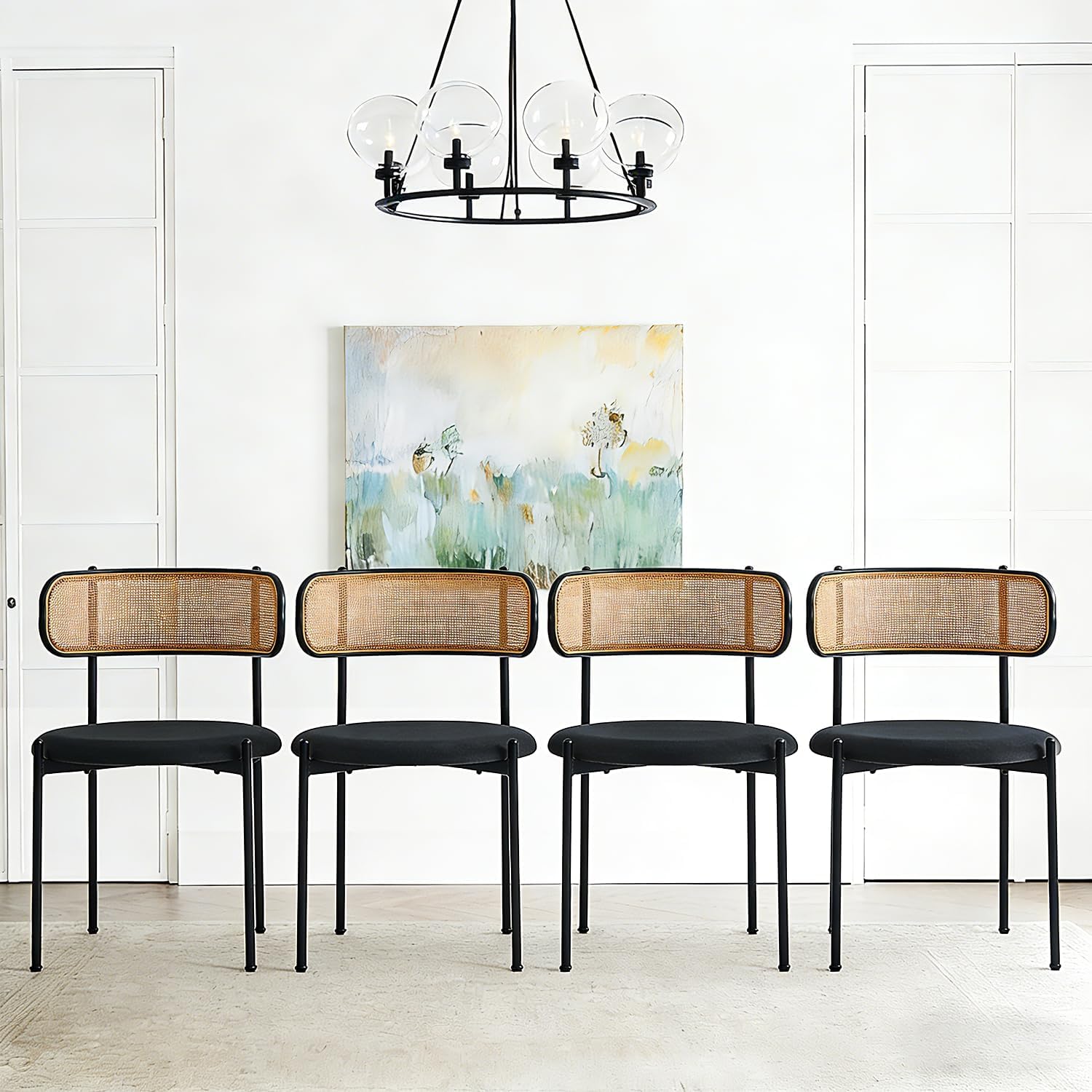 Rattan Dining Chairs Set of 4, Mid-Century Modern Chair with Boucle, Kitchen Dining Room Chairs for Living Room with Metal Legs, Round Upholstered Sherpa